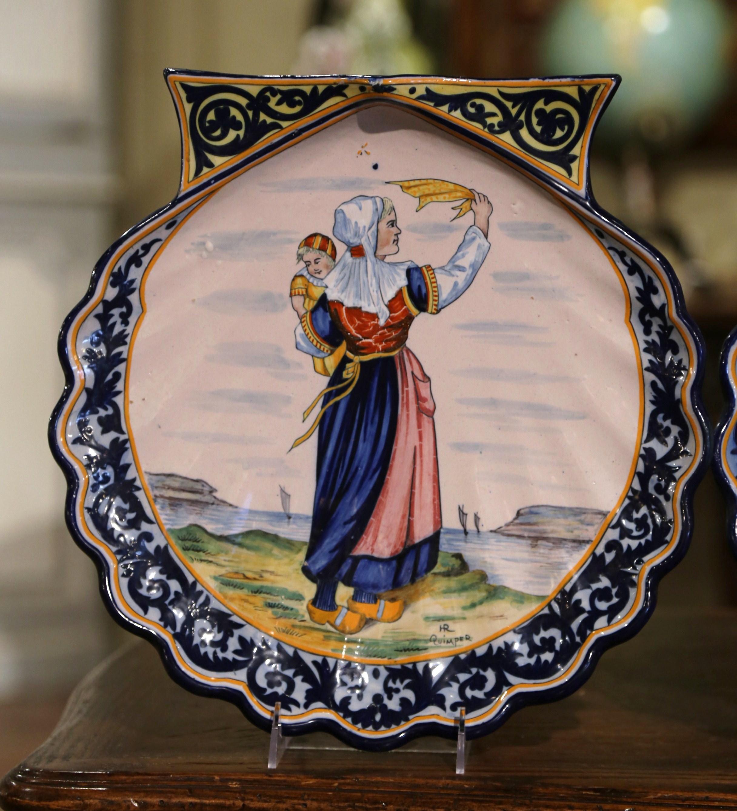 Hand-Painted Pair 19th Century French Painted Faience Shell-Form Platters Signed HR Quimper For Sale