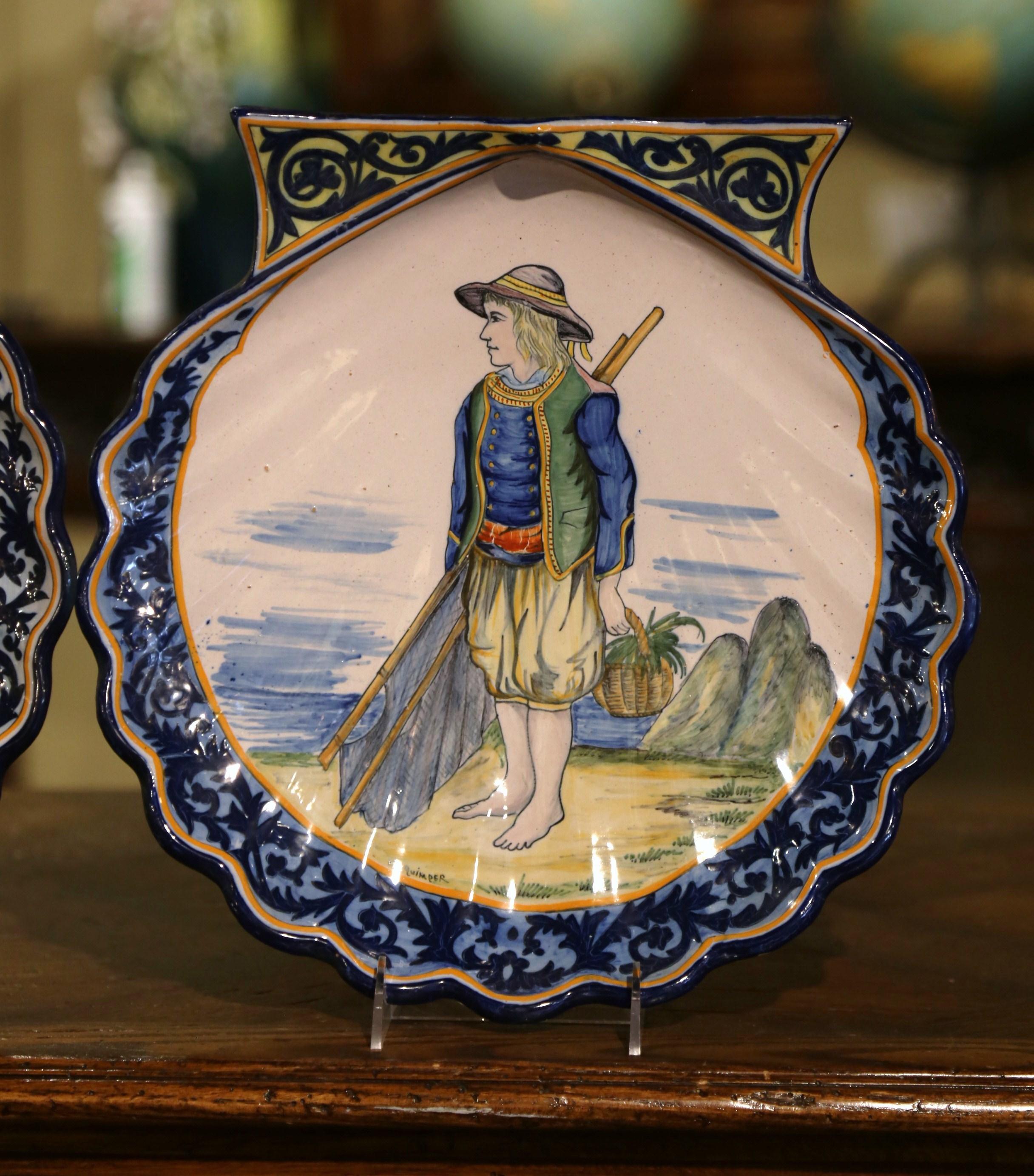 Pair 19th Century French Painted Faience Shell-Form Platters Signed HR Quimper In Excellent Condition For Sale In Dallas, TX