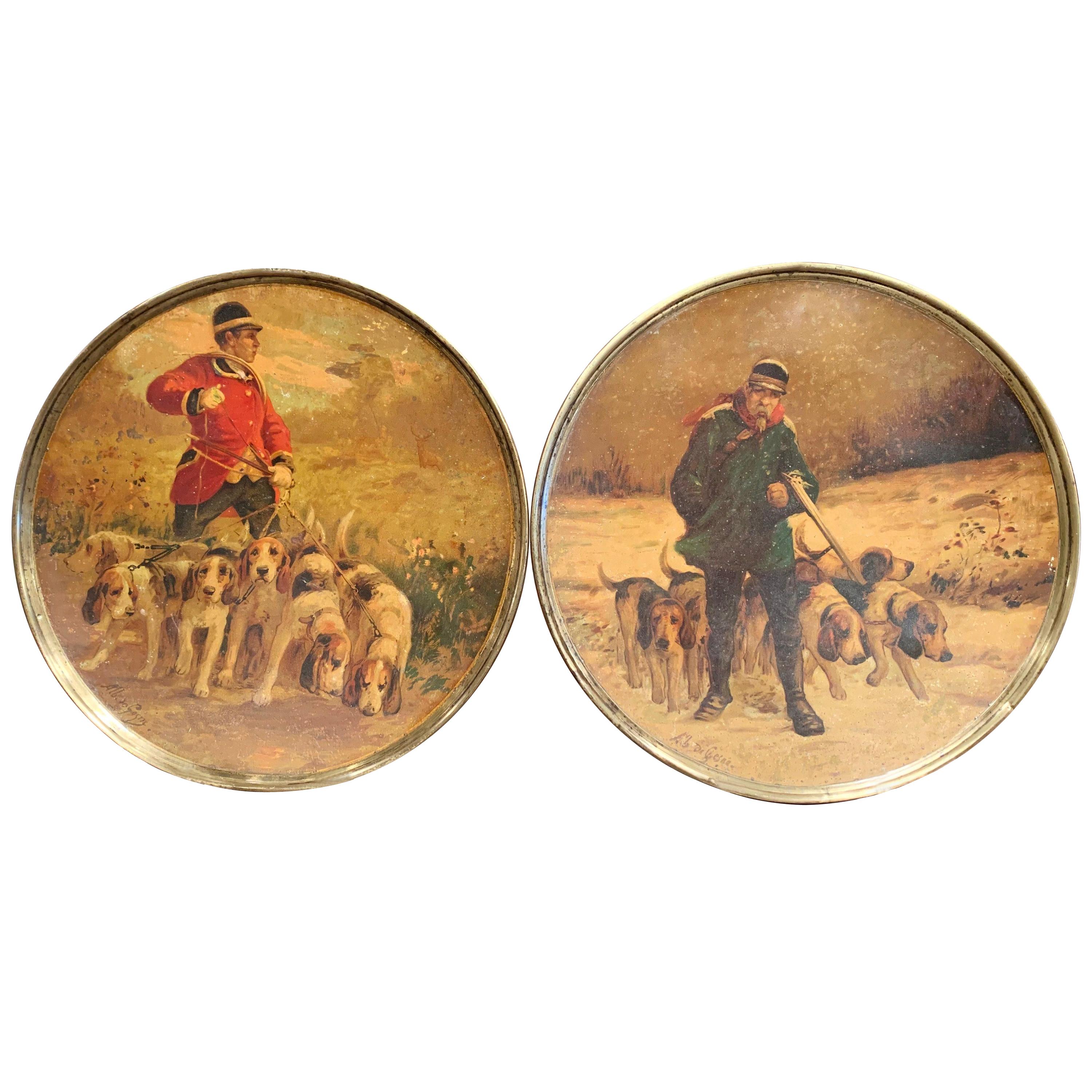 19th Century French Painted Hunt Scene Tole Wall Plates Signed A. de Gesne, Pair For Sale
