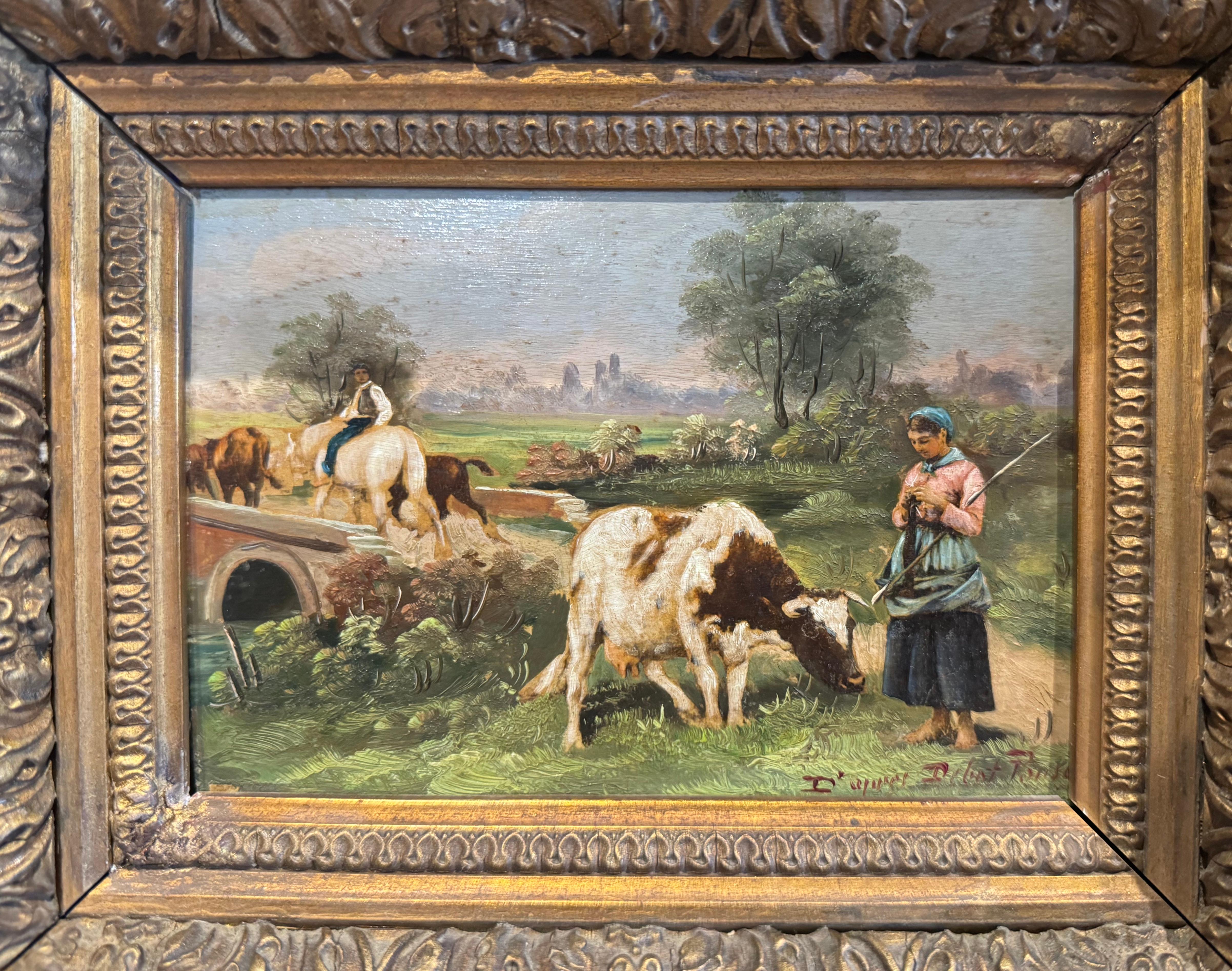 Francese Coppia di dipinti pastorali francesi del XIX secolo in cornici dorate di E. Debat-Ponsan in vendita