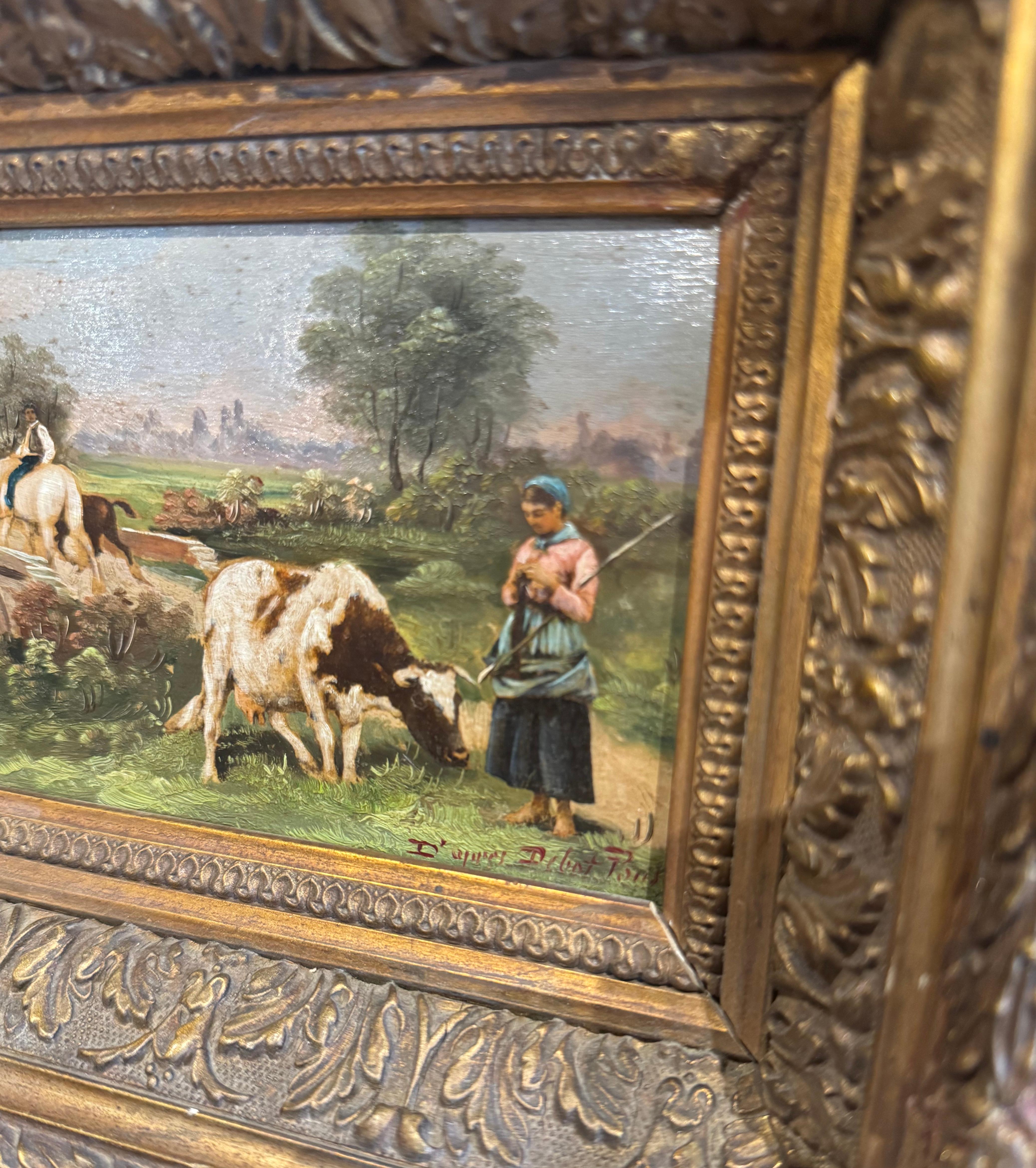 Legno dorato Coppia di dipinti pastorali francesi del XIX secolo in cornici dorate di E. Debat-Ponsan in vendita