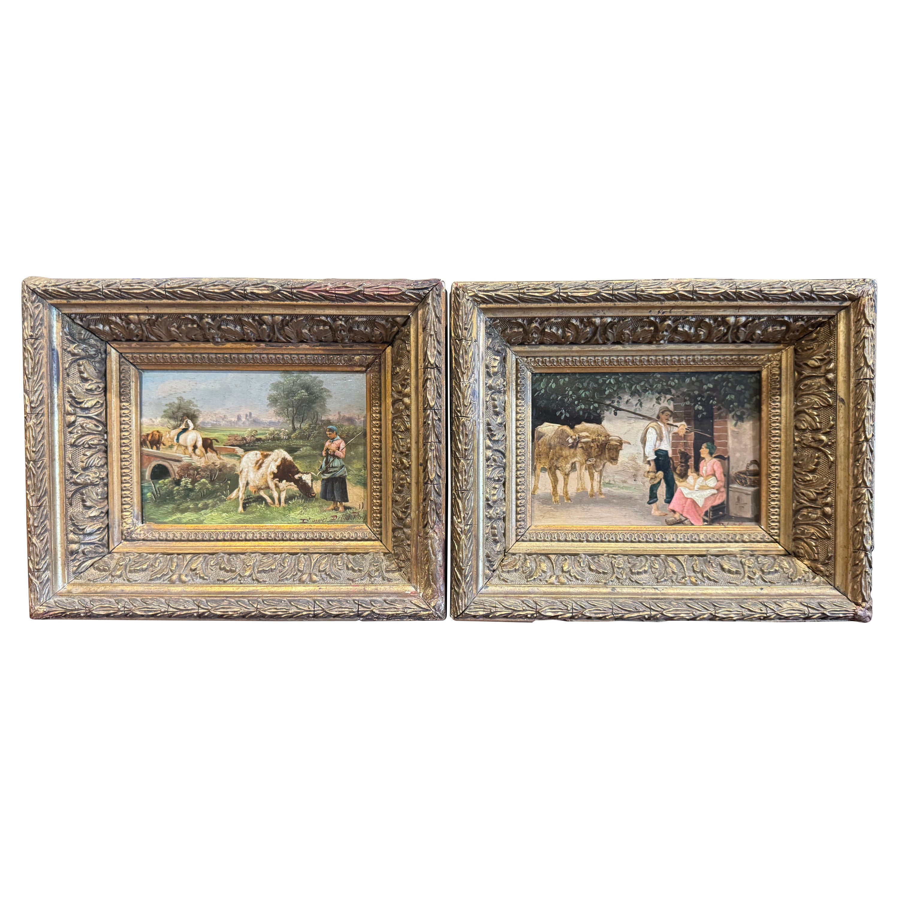 Paire de peintures pastorales françaises du 19ème siècle dans des cadres dorés d'après E. Debat-Ponsan