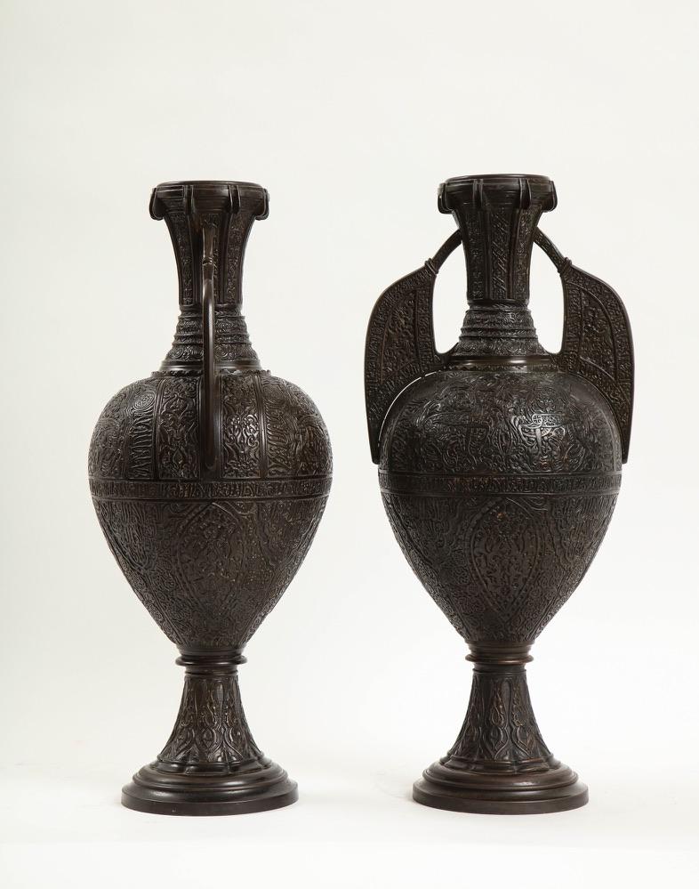 Hand-Crafted Pair 19th Century French Patinated Bronze Alhambra Vases, Stamped Tiffany & Co. For Sale