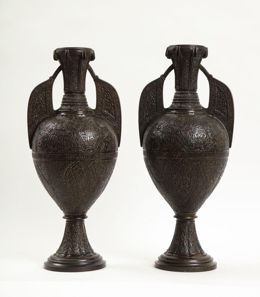 Mid-19th Century Pair 19th Century French Patinated Bronze Alhambra Vases, Stamped Tiffany & Co. For Sale