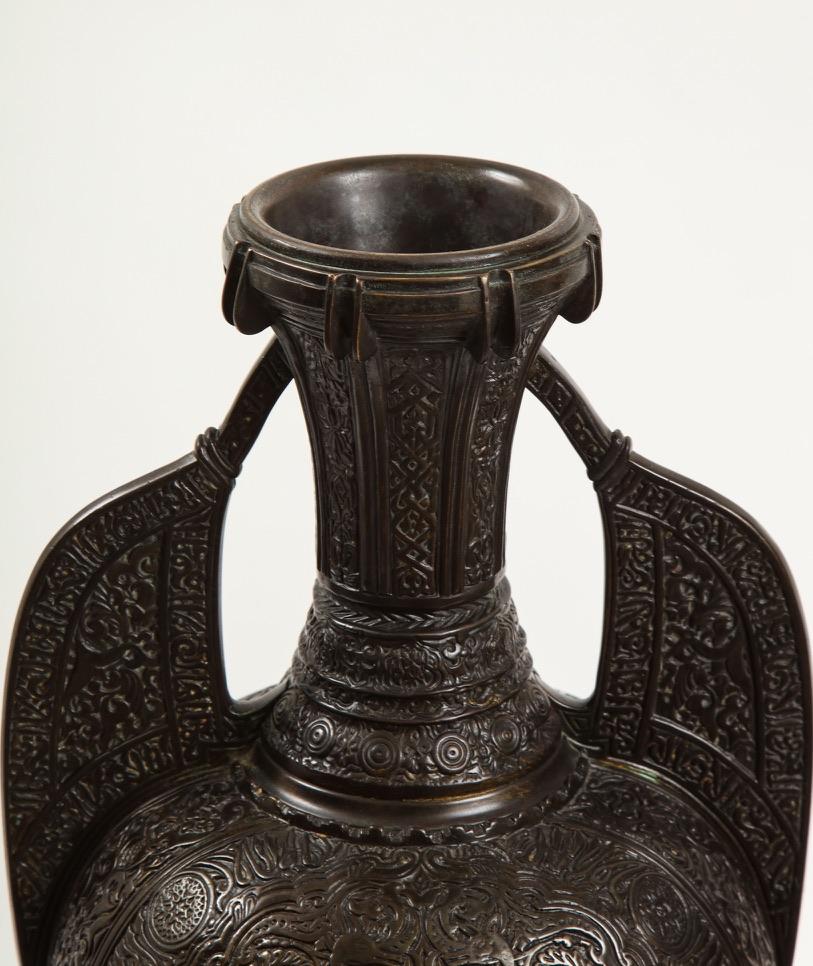 Pair 19th Century French Patinated Bronze Alhambra Vases, Stamped Tiffany & Co. For Sale 1