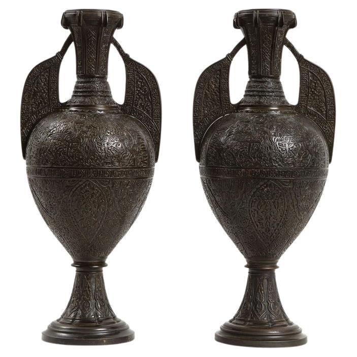 Pair 19th Century French Patinated Bronze Alhambra Vases, Stamped Tiffany & Co.