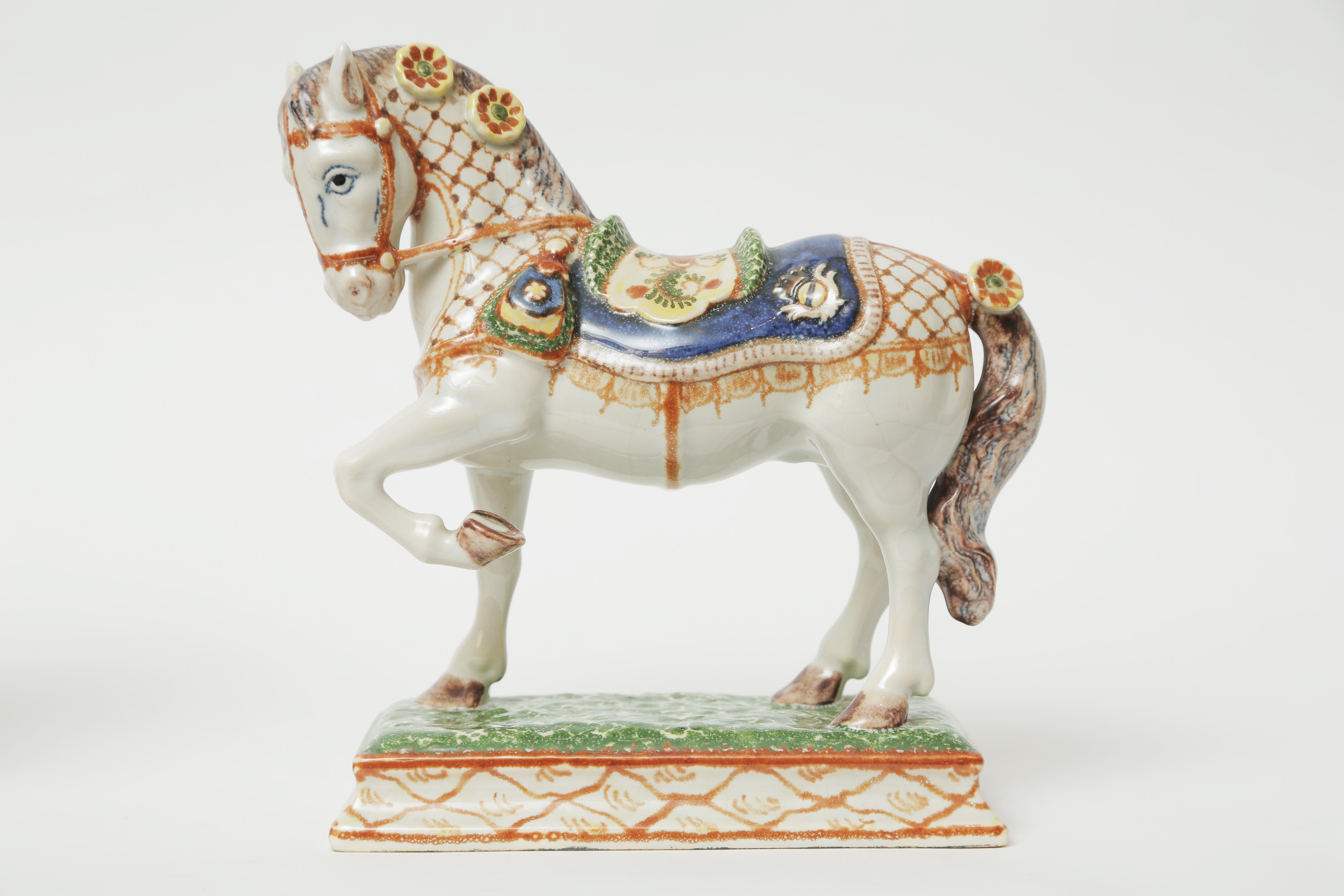 19th Century French Porcelain Horse Sculptures. Hand Painted Great Detail, Pair In Good Condition In West Palm Beach, FL