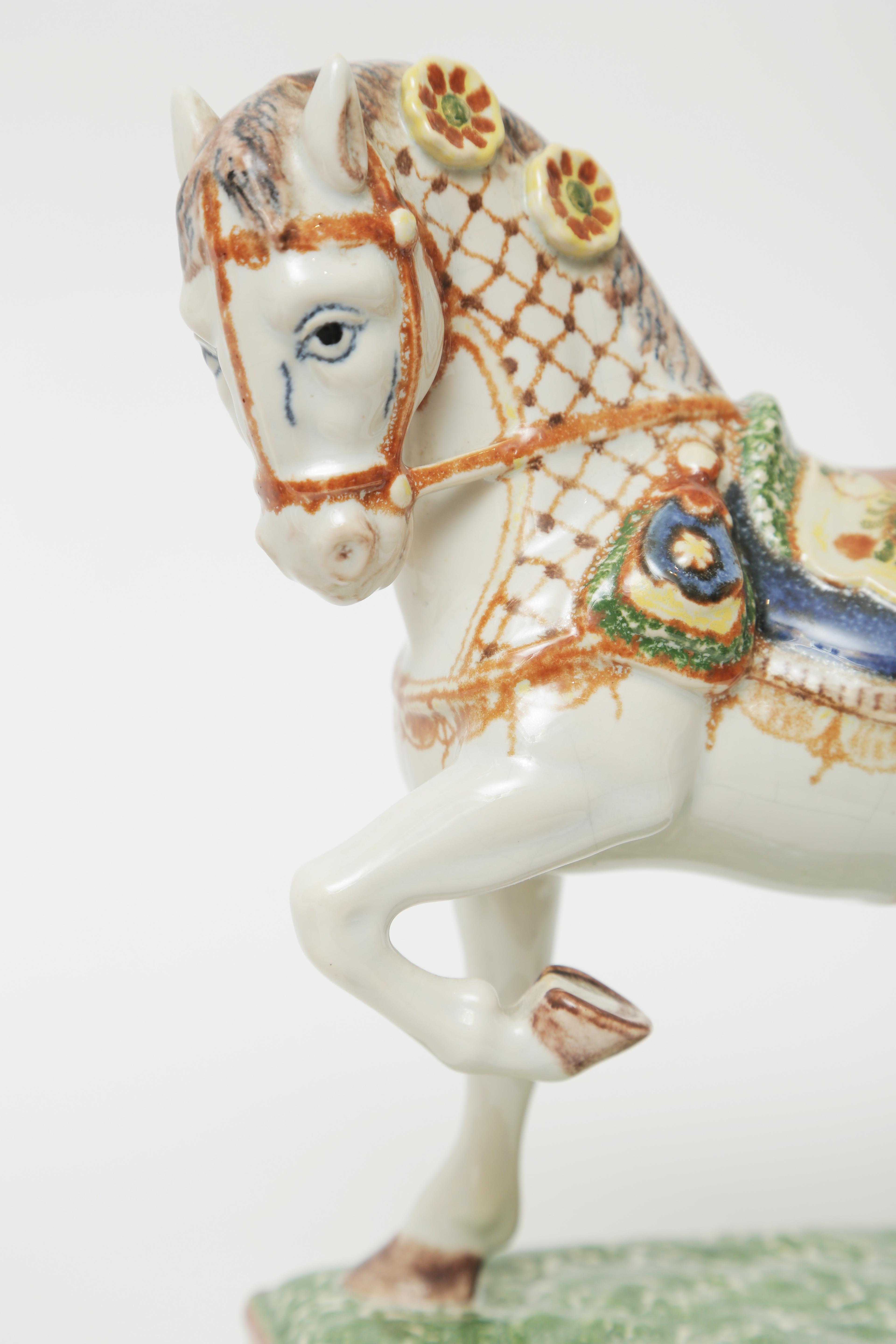 Gold 19th Century French Porcelain Horse Sculptures. Hand Painted Great Detail, Pair