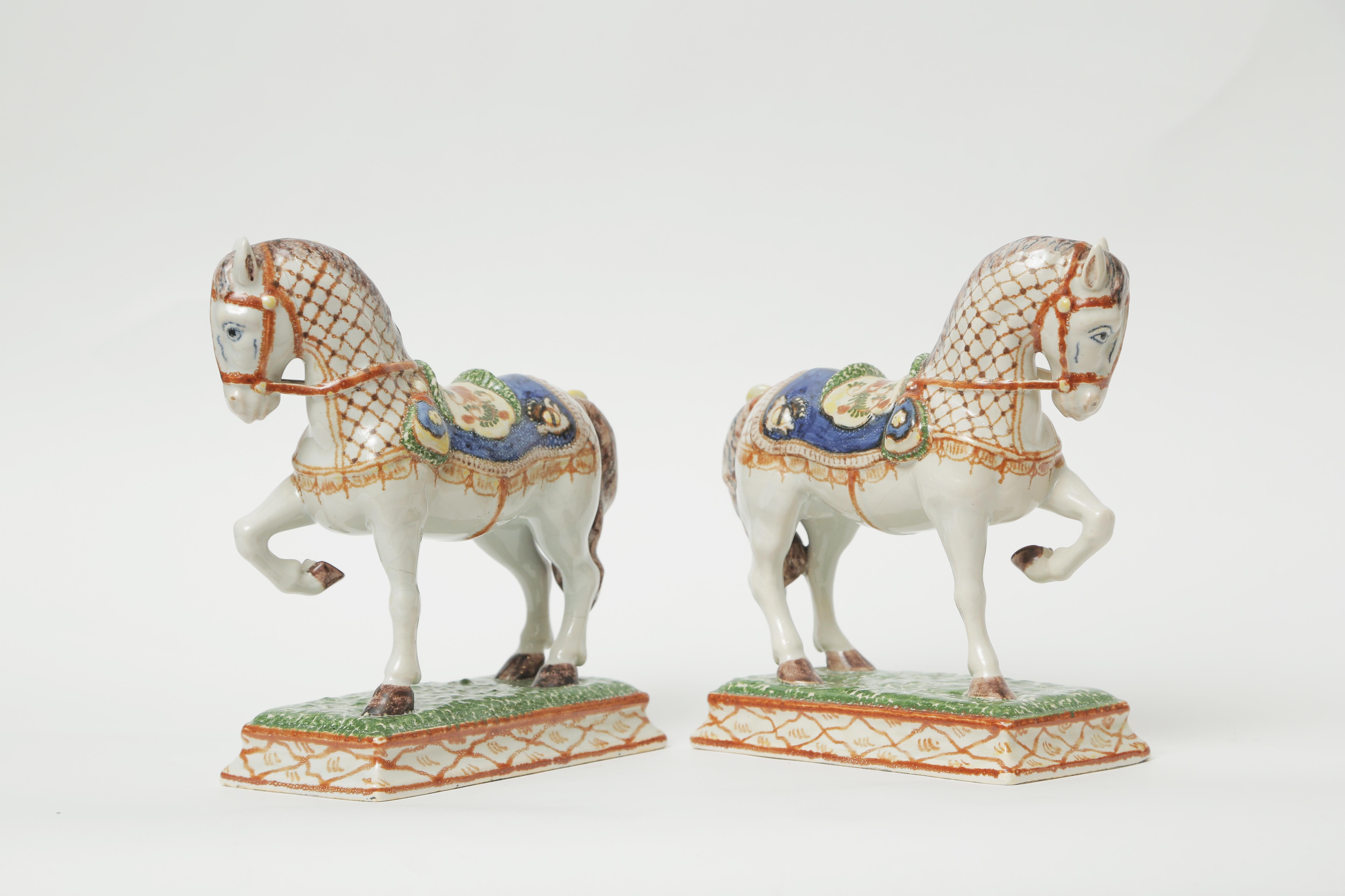 19th Century French Porcelain Horse Sculptures. Hand Painted Great Detail, Pair 1