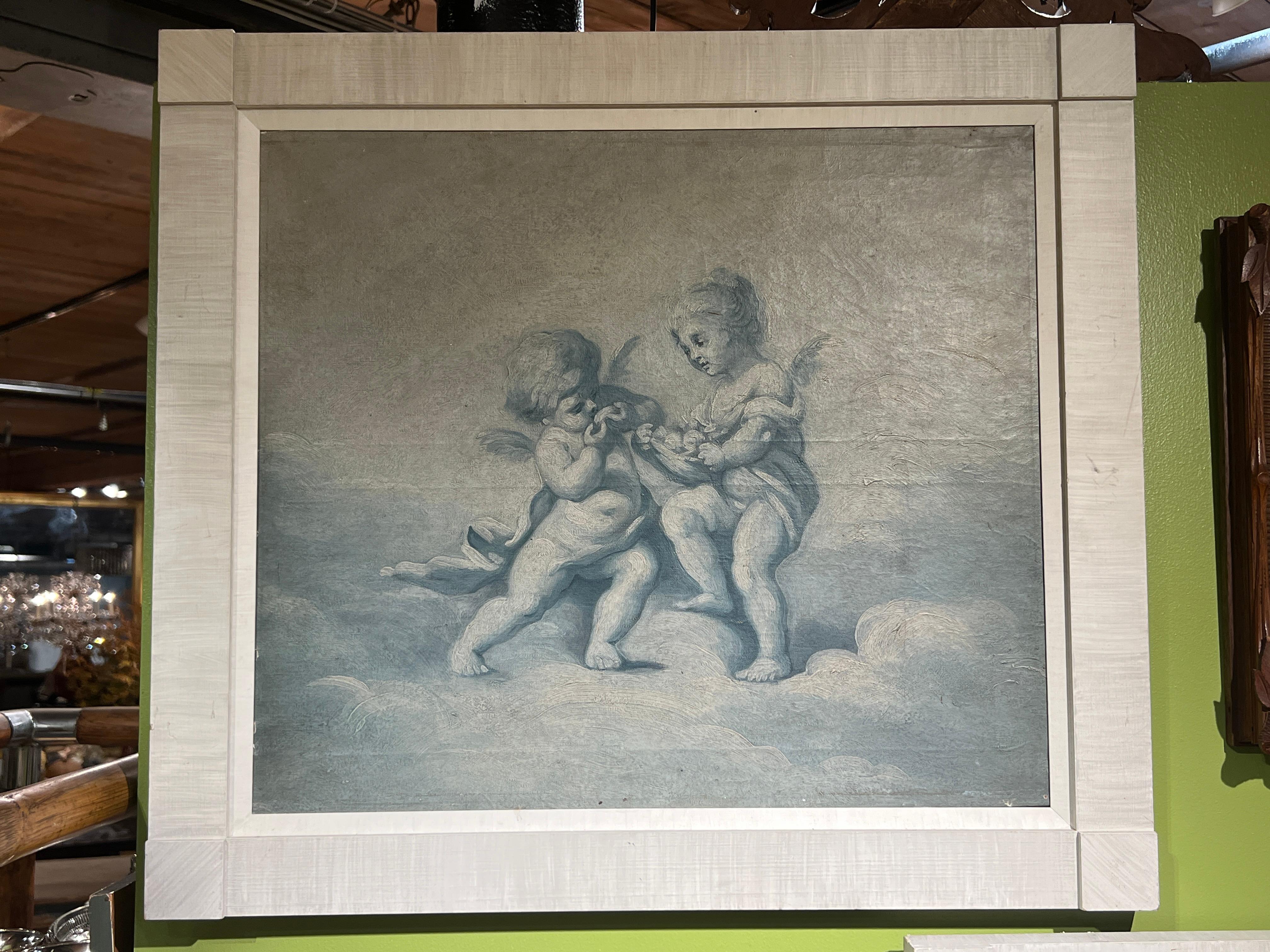 Pair, 19th Century French Putti At Play Blue & White Paintings Baroque Style In Good Condition For Sale In Atlanta, GA