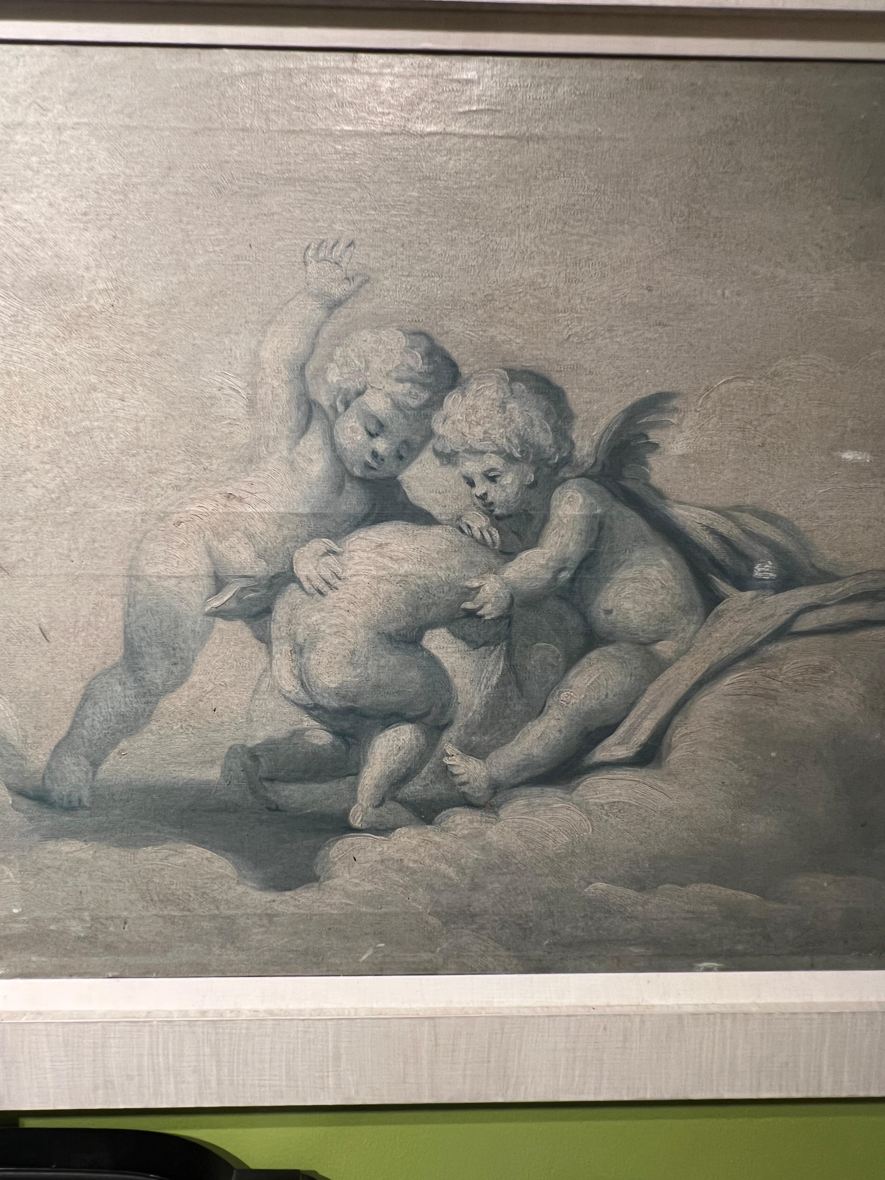Canvas Pair, 19th Century French Putti At Play Blue & White Paintings Baroque Style For Sale