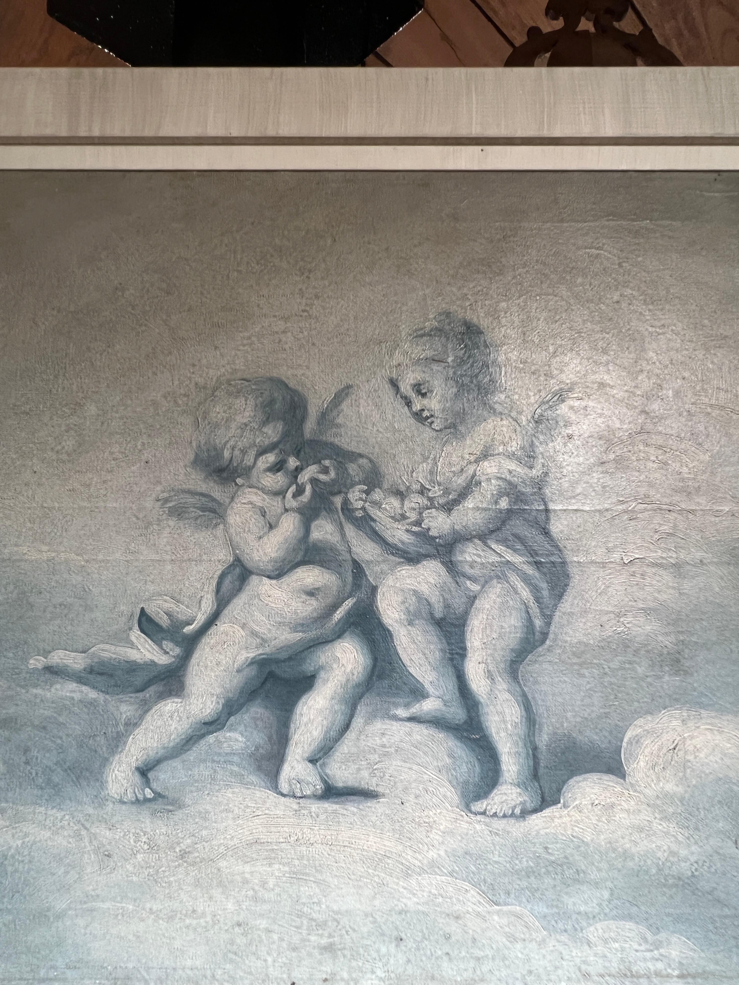 Pair, 19th Century French Putti At Play Blue & White Paintings Baroque Style For Sale 1