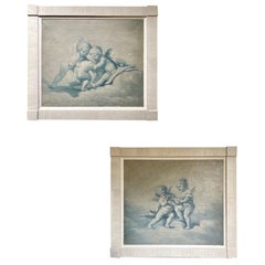 Pareja, Siglo XIX Pinturas francesas Putti At Play Azul y Blanco Estilo Barroco
