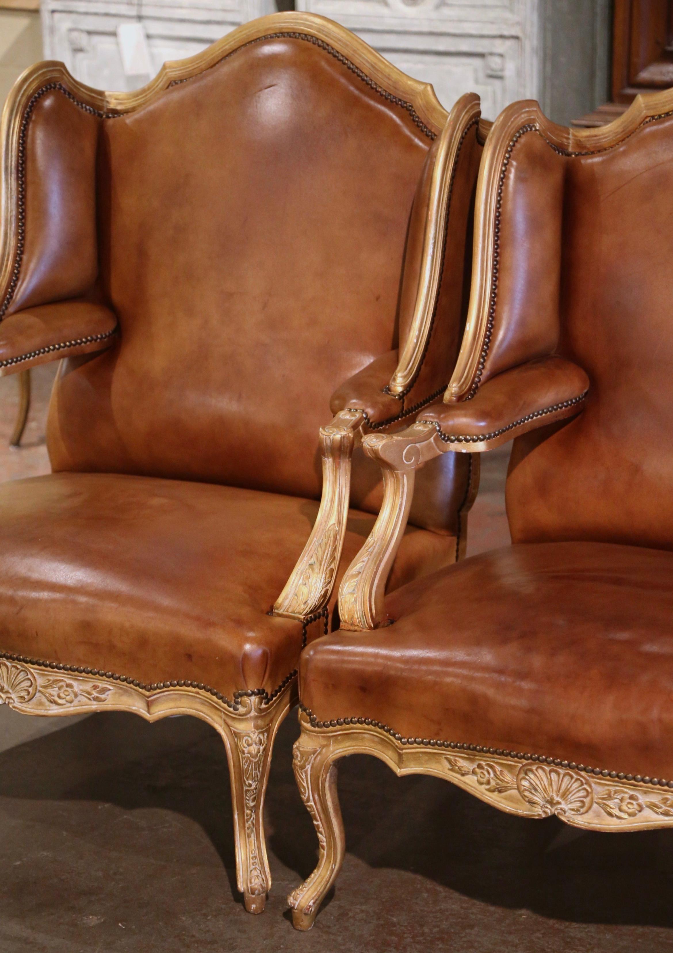 Pair 19th Century French Regence Giltwood & Leather 