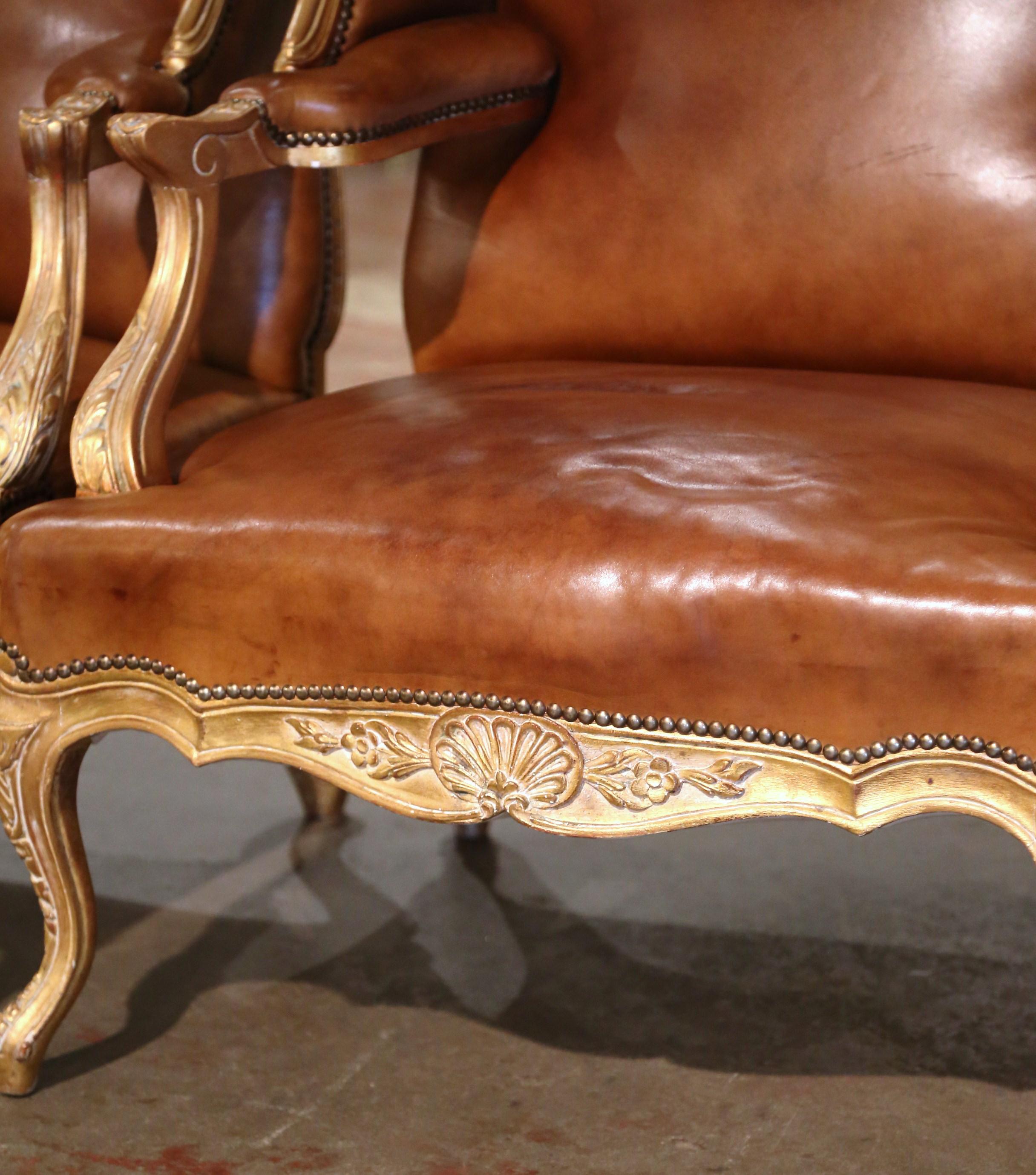 Pair 19th Century French Regence Giltwood & Leather 