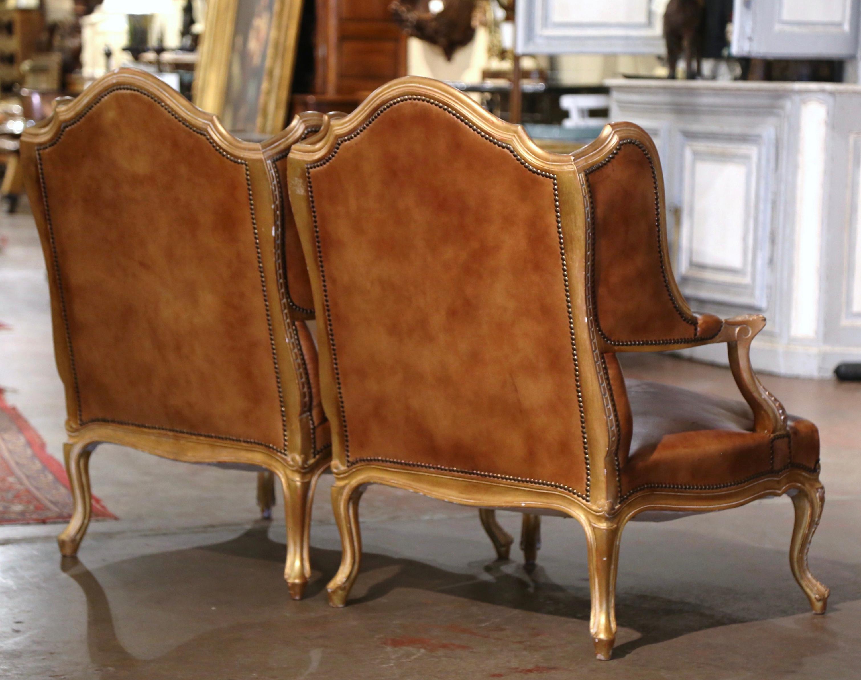Pair 19th Century French Regence Giltwood & Leather 