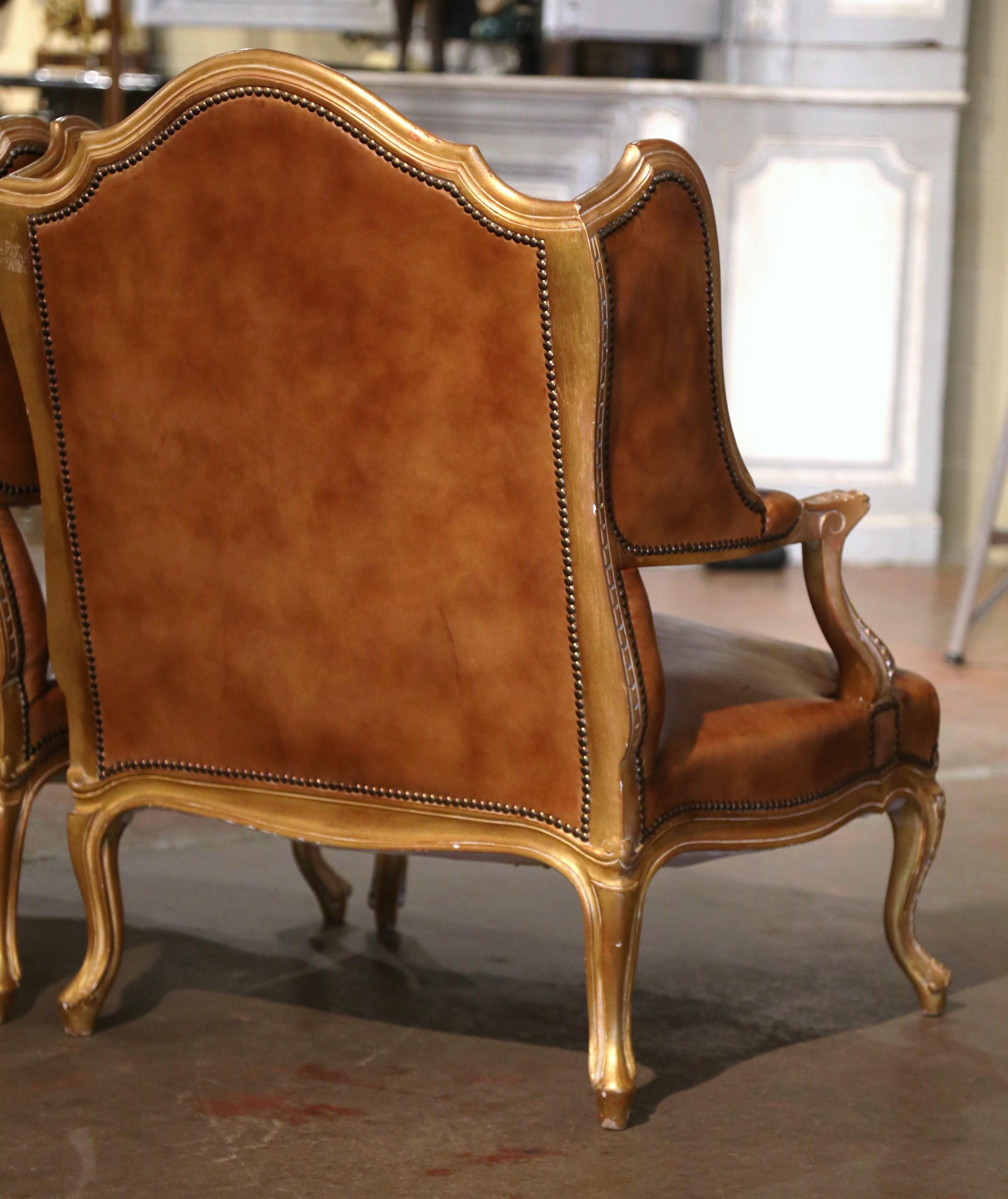 Pair 19th Century French Regence Giltwood & Leather 