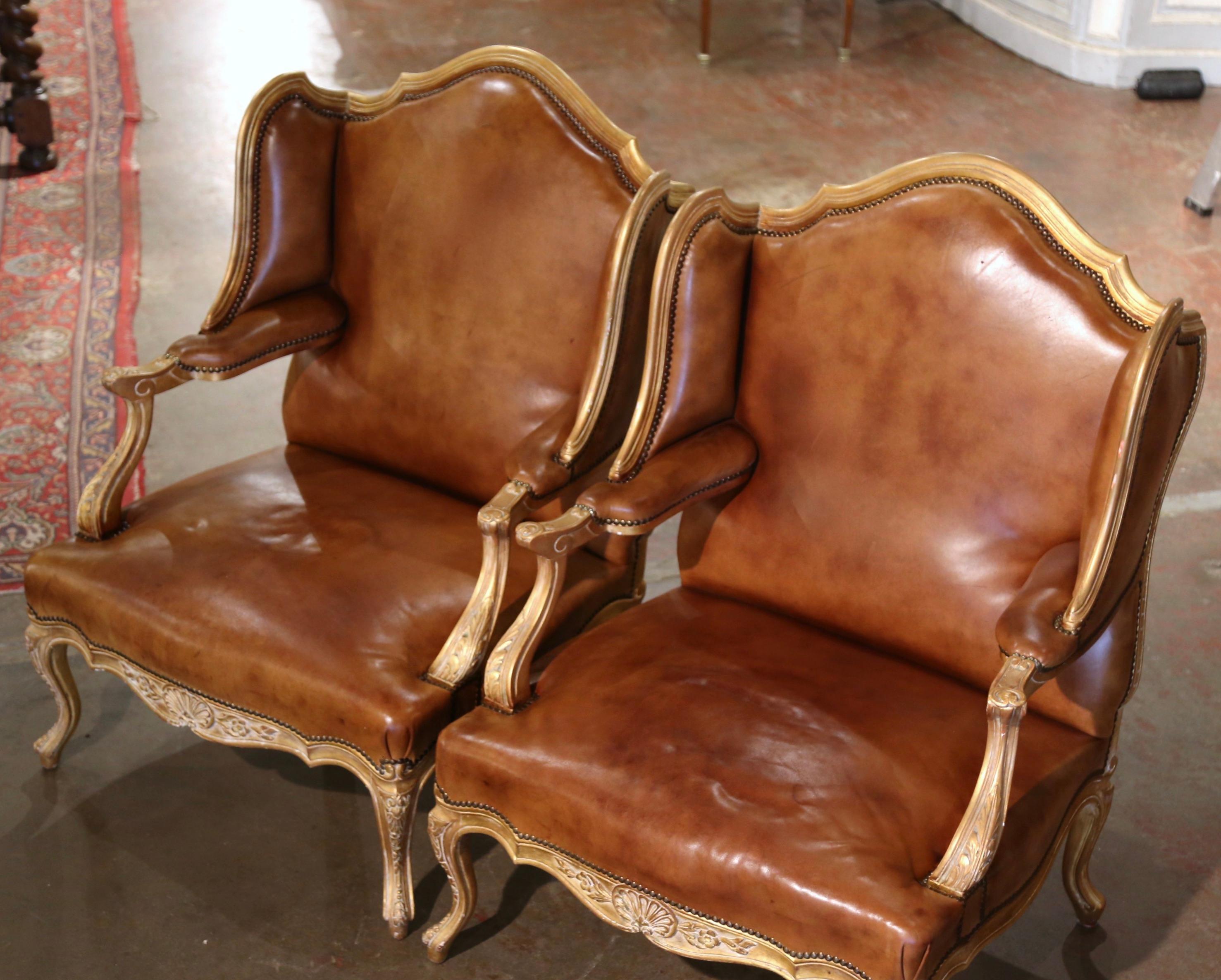 Louis XV Pair 19th Century French Regence Giltwood & Leather 