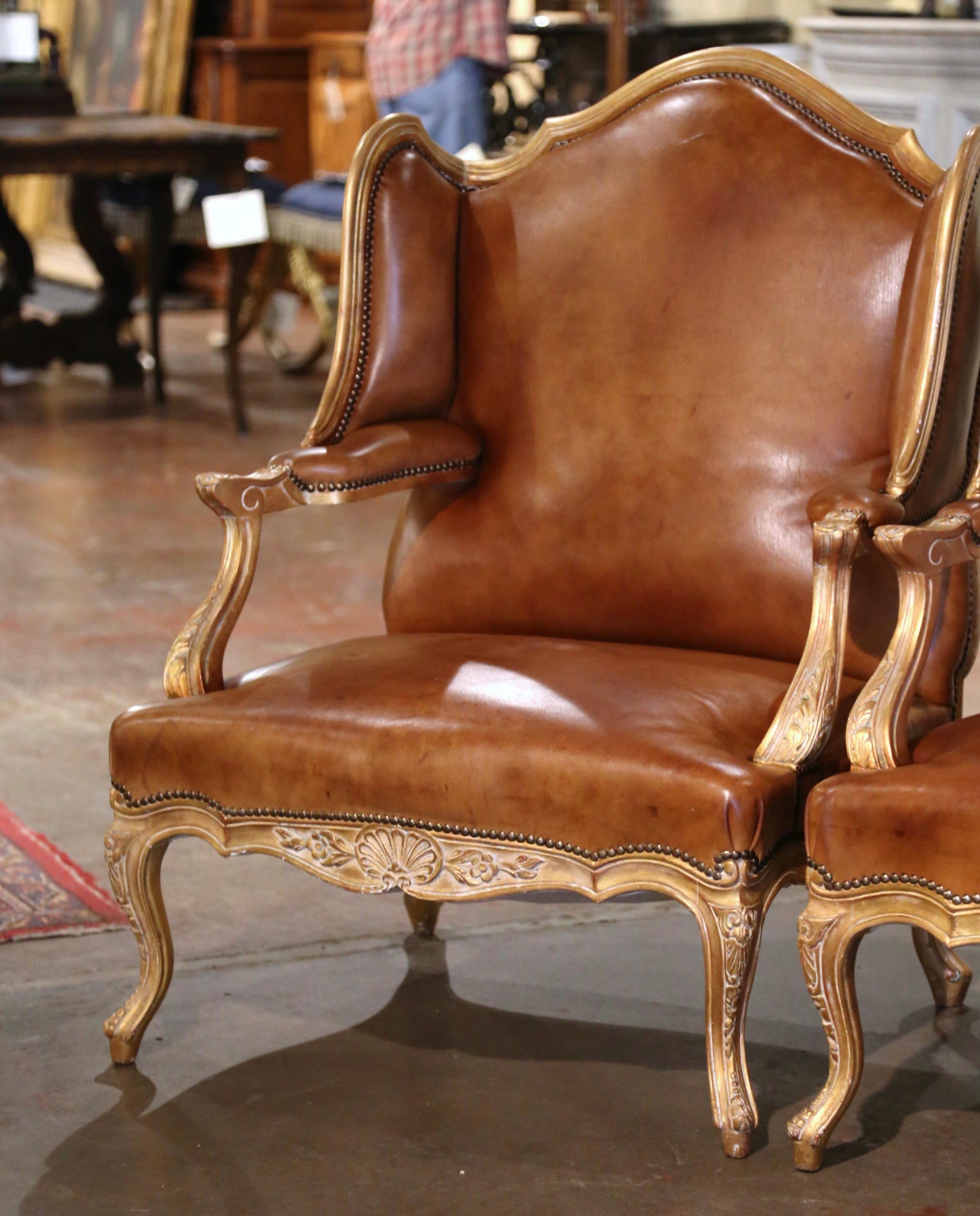 Hand-Carved Pair 19th Century French Regence Giltwood & Leather 