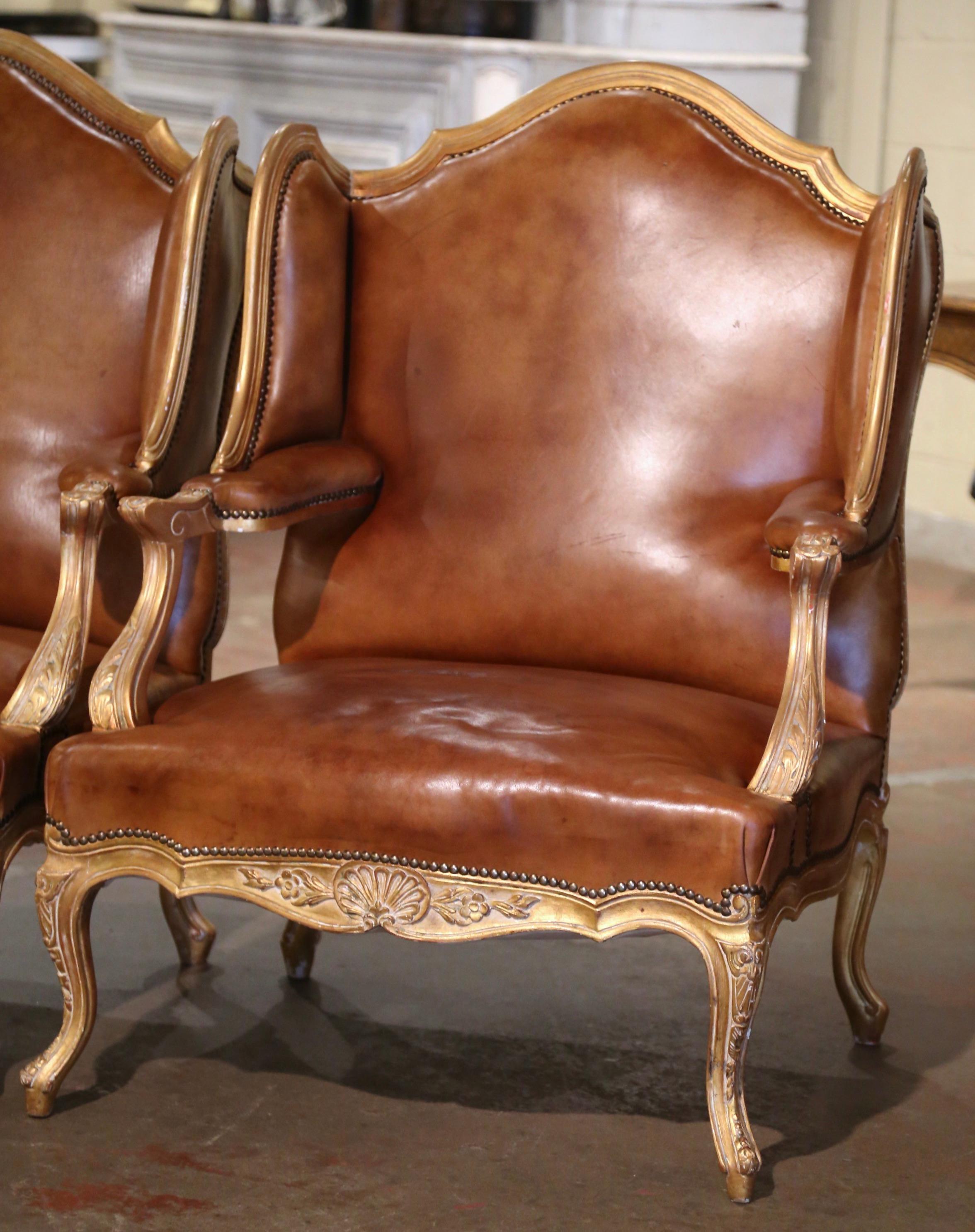 Pair 19th Century French Regence Giltwood & Leather 