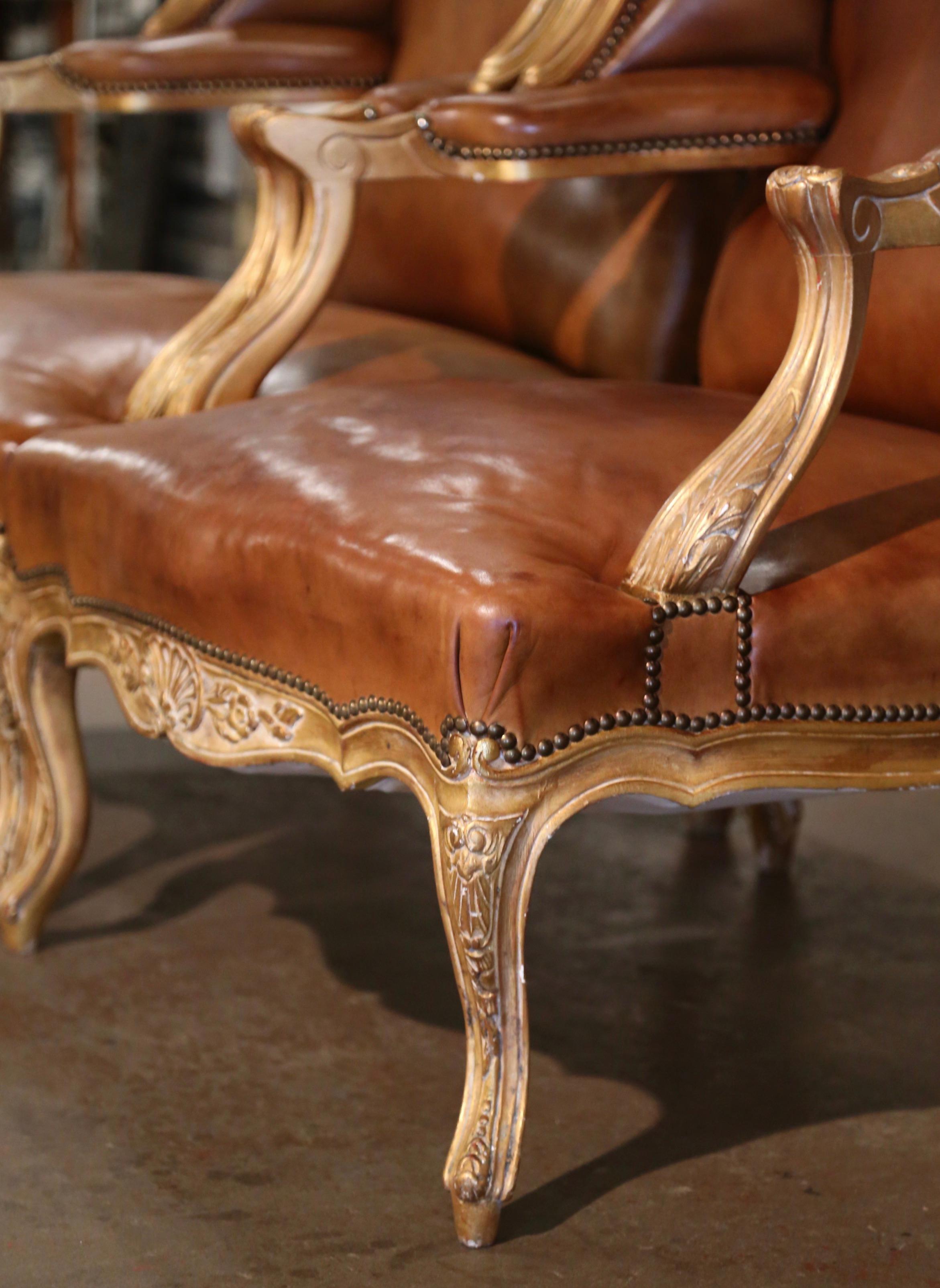 Pair 19th Century French Regence Giltwood & Leather 