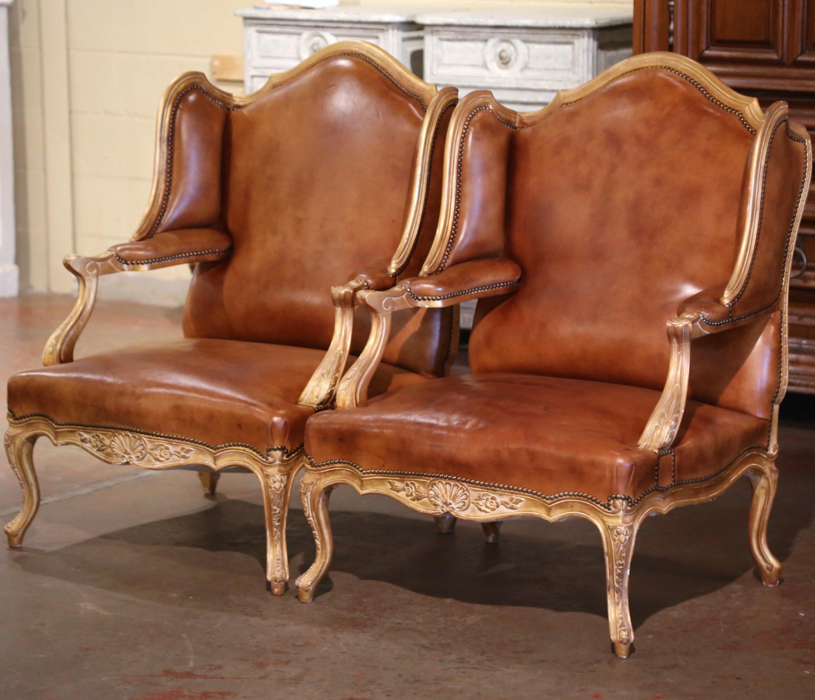 Pair 19th Century French Regence Giltwood & Leather 
