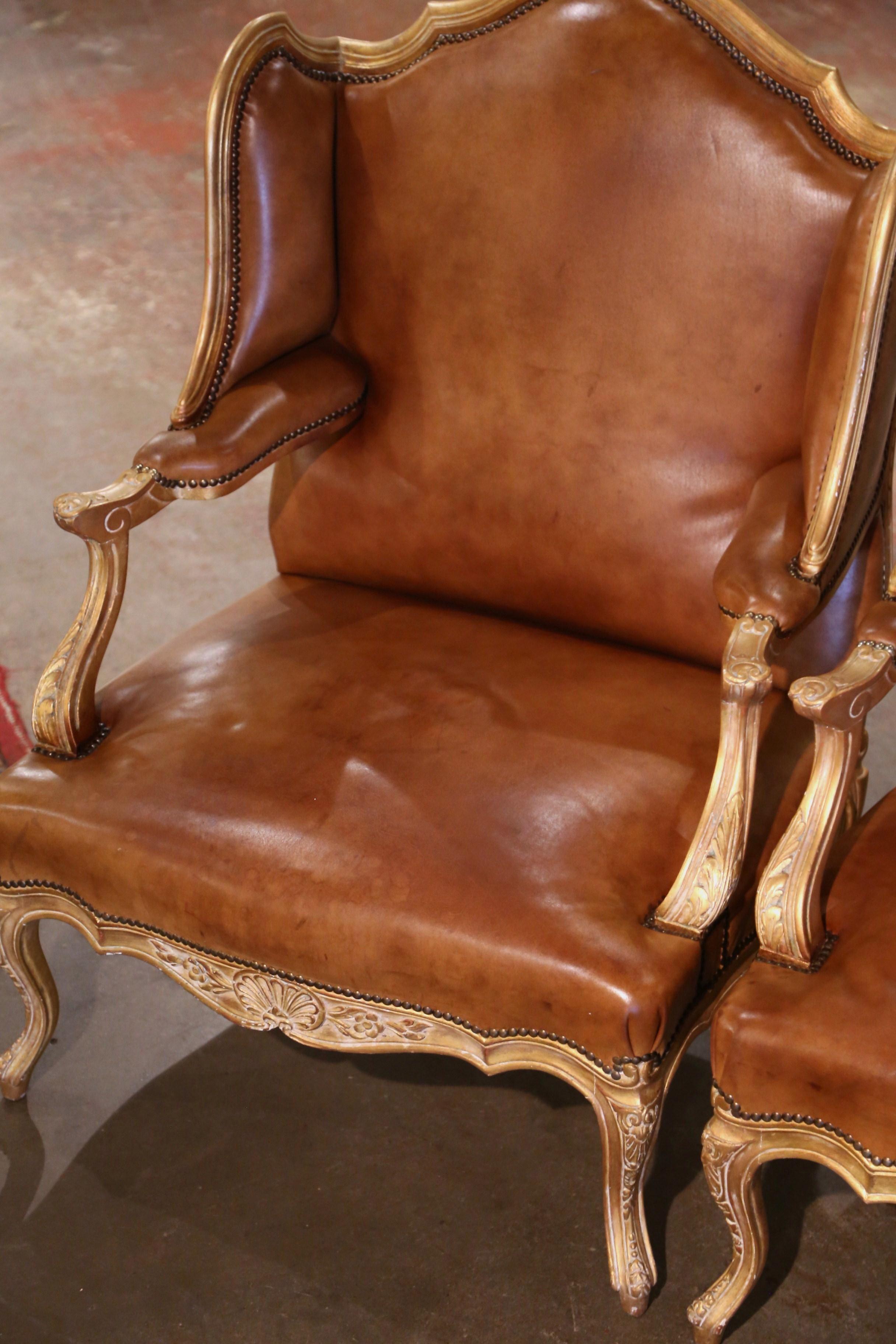 Pair 19th Century French Regence Giltwood & Leather 