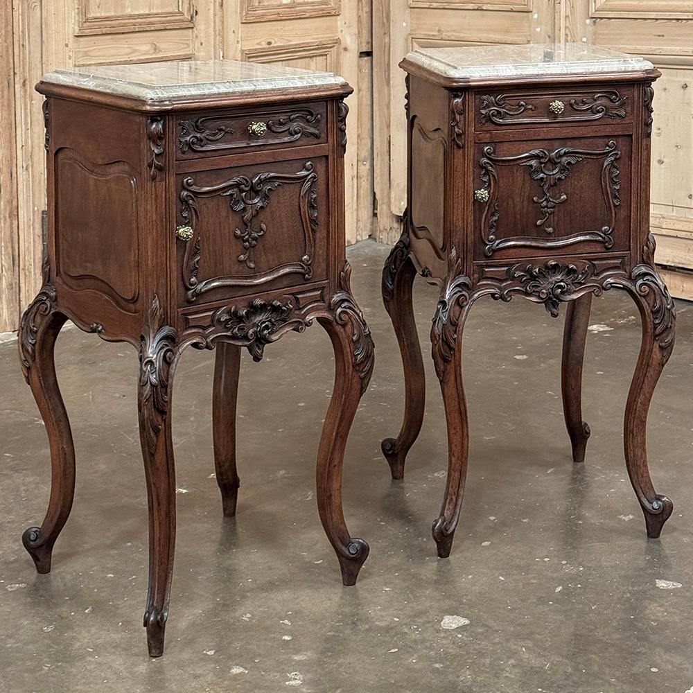 Pair 19th Century French Regence Walnut Marble Top Nightstands will make an incredibly elegant addition to your room!  Finished on all four sides, they're great as end tables in a large room, or as they were originally intended, as beautiful bedside