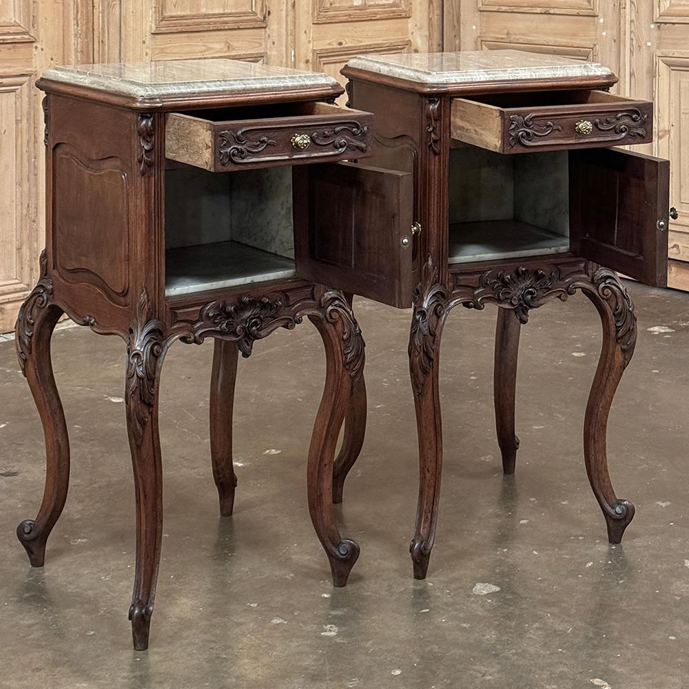 Pair 19th Century French Regence Walnut Marble Top Nightstands In Good Condition For Sale In Dallas, TX