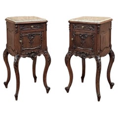 Antique Pair 19th Century French Regence Walnut Marble Top Nightstands