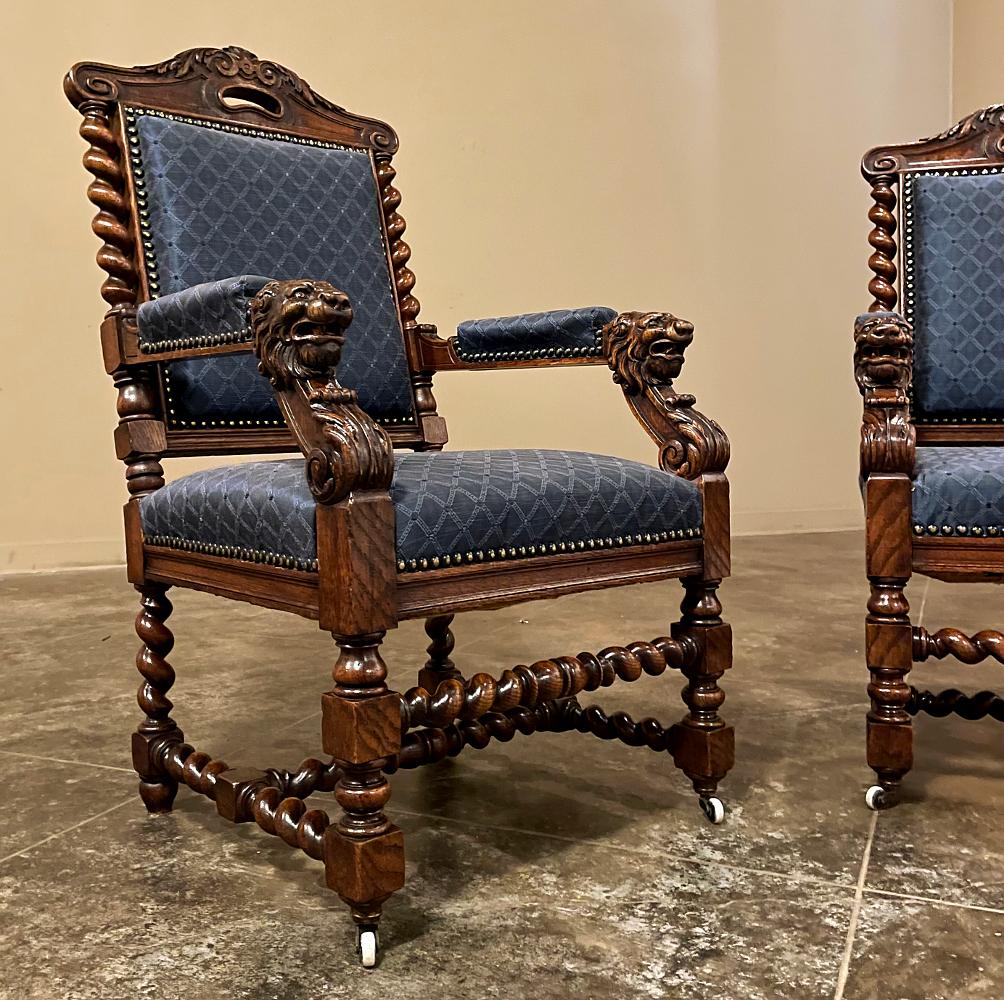 Paire de fauteuils à torsion d'orge French Renaissance du 19ème siècle ~ Fauteuils en vente 5