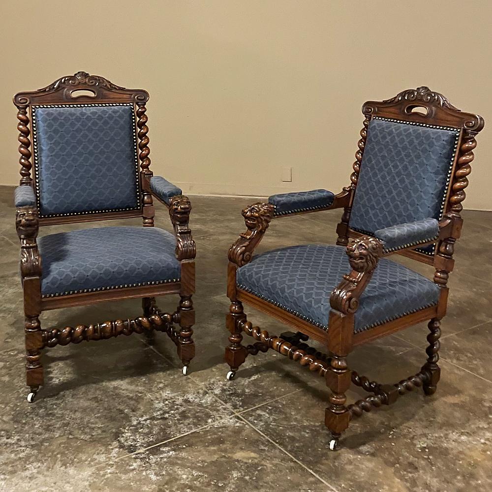 Pair 19th Century French Renaissance Barley twist armchairs ~ Fauteuils will make a stylish yet comfortable addition to any room! Crafted from solid fruitwood, each features boldly arched seat backs carved with shell and acanthus foliate, and an