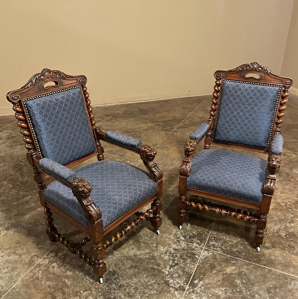 Hand-Carved Pair 19th Century French Renaissance Barley Twist Armchairs ~ Fauteuils For Sale