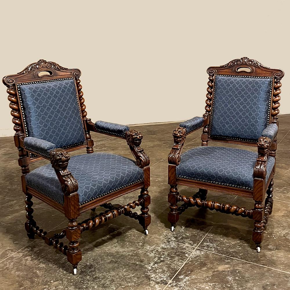 Pair 19th Century French Renaissance Barley Twist Armchairs ~ Fauteuils In Good Condition For Sale In Dallas, TX