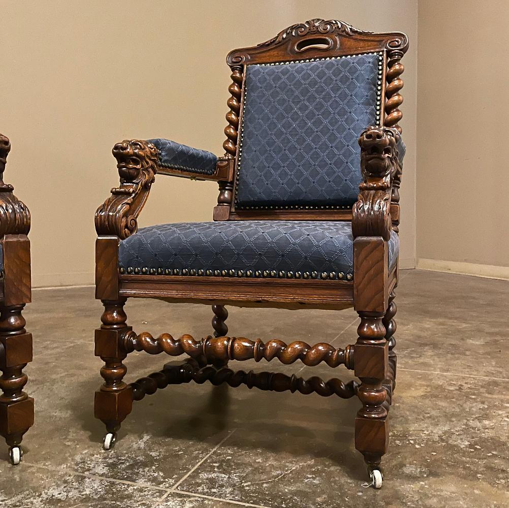 Pair 19th Century French Renaissance Barley Twist Armchairs ~ Fauteuils For Sale 1