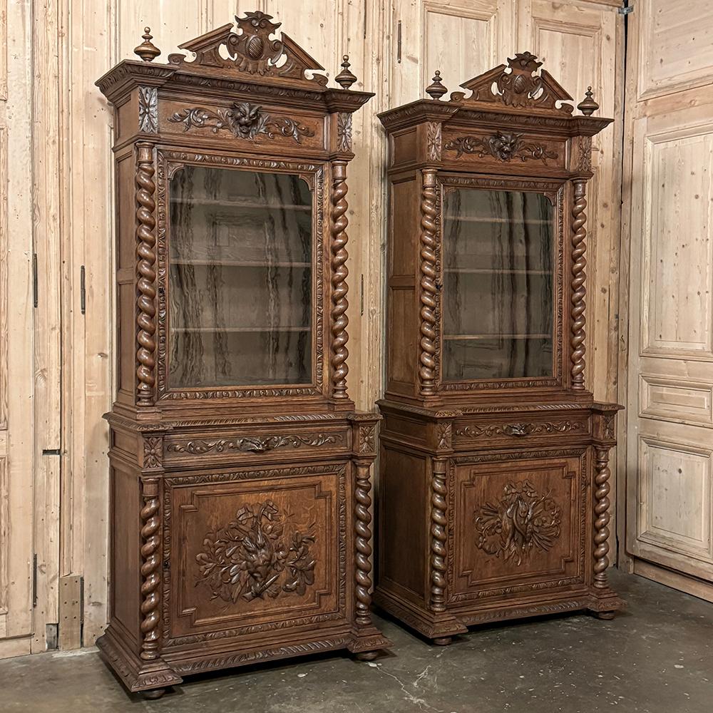 Pair 19th Century French Renaissance Carved Bookcases are the ideal choice for adding majestic symmetry to any room!  Designed as a pair, they are virtually identical except for the primary carvings on the lower door panels, one which depicts the