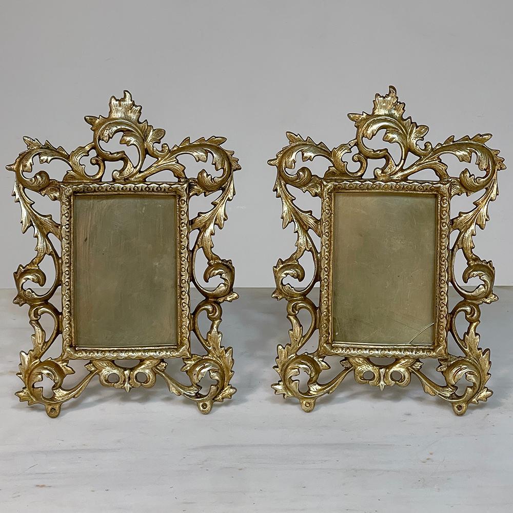 Pair 19th Century French Rococo Louis XV Cast Bronze Picture Frames are the perfect choice for keeping an image of your family and or pet on a desktop, bookshelf or other surface, with a matched pair show you don't show favorites!  Intricately cast