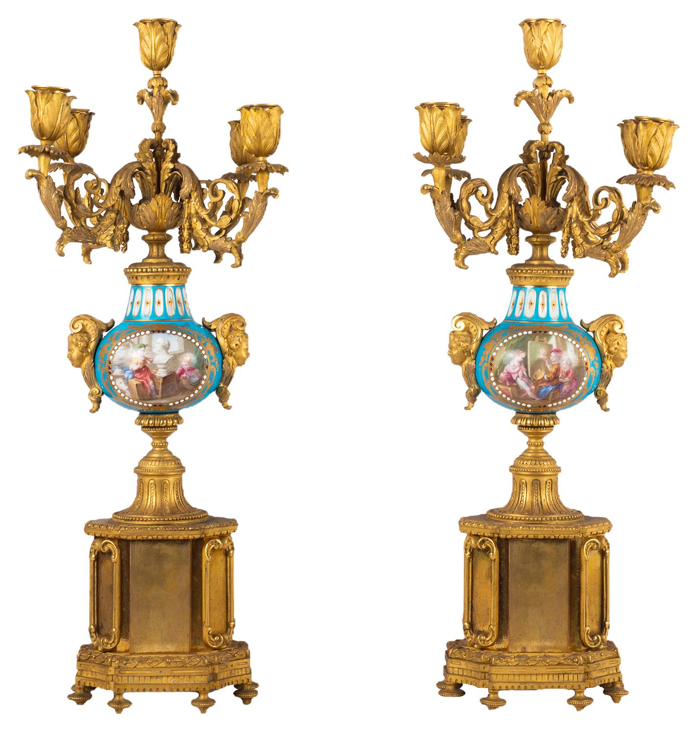 Pair 19th Century French Sevres Style Candelabra In Good Condition For Sale In Brighton, Sussex