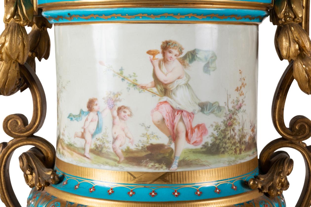 Hand-Painted Pair of 19th Century French Sevres Style Lidded Vases