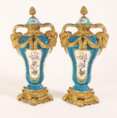 Pair 19th Century French Sevres Style Ormolu Mounted Porcelain Urns / Vases