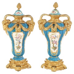 Pair 19th Century French Sevres Style Ormolu Mounted Porcelain Urns / Vases