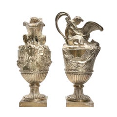 Pair 19th Century French Silvered Bronze Ewer Form Vases in Louis XVI Style