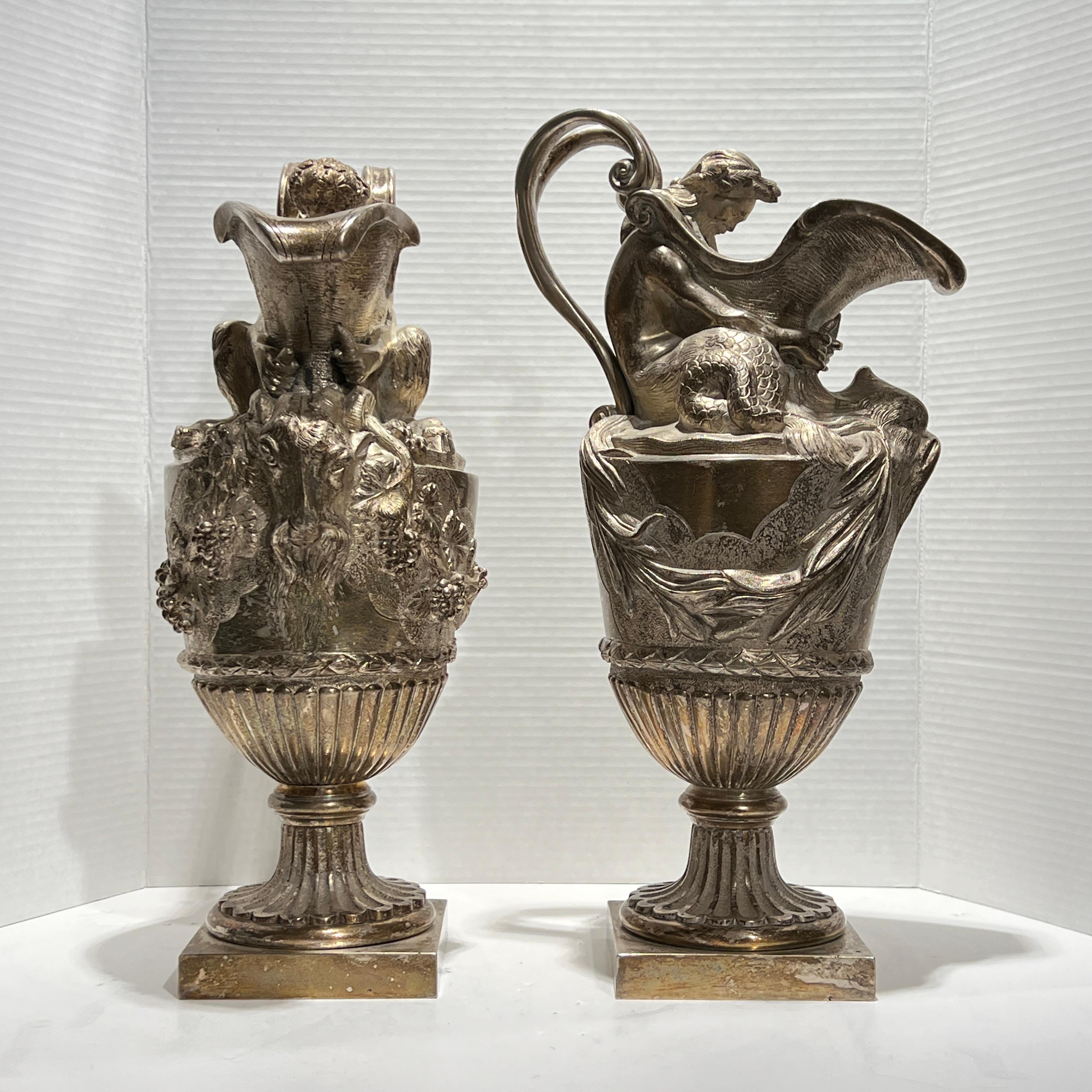 Neoclassical Revival Pair 19th Century French Silvered Bronze Ewer Form Vases in Louis XVI Style For Sale