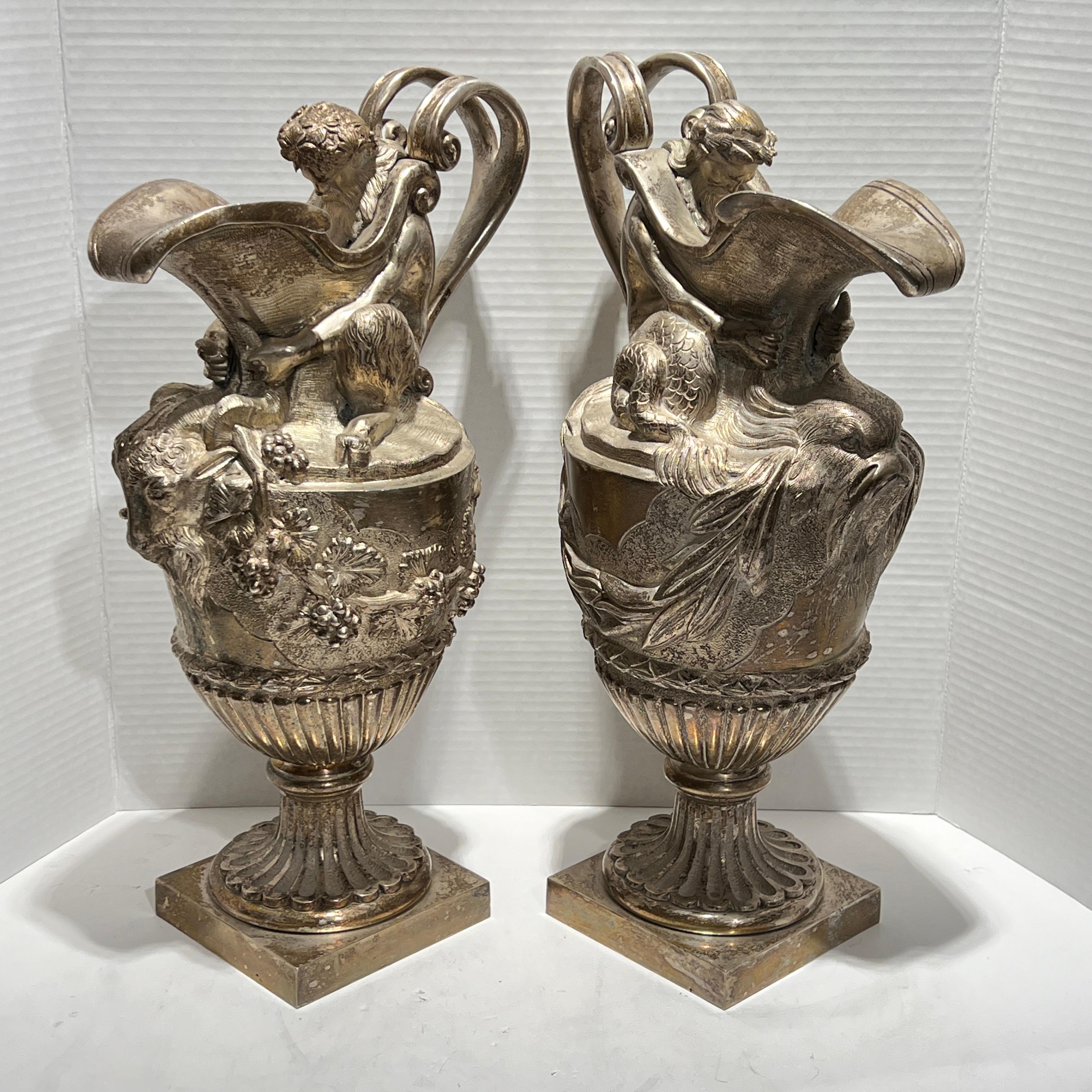 Pair 19th Century French Silvered Bronze Ewer Form Vases in Louis XVI Style In Good Condition For Sale In New York, NY
