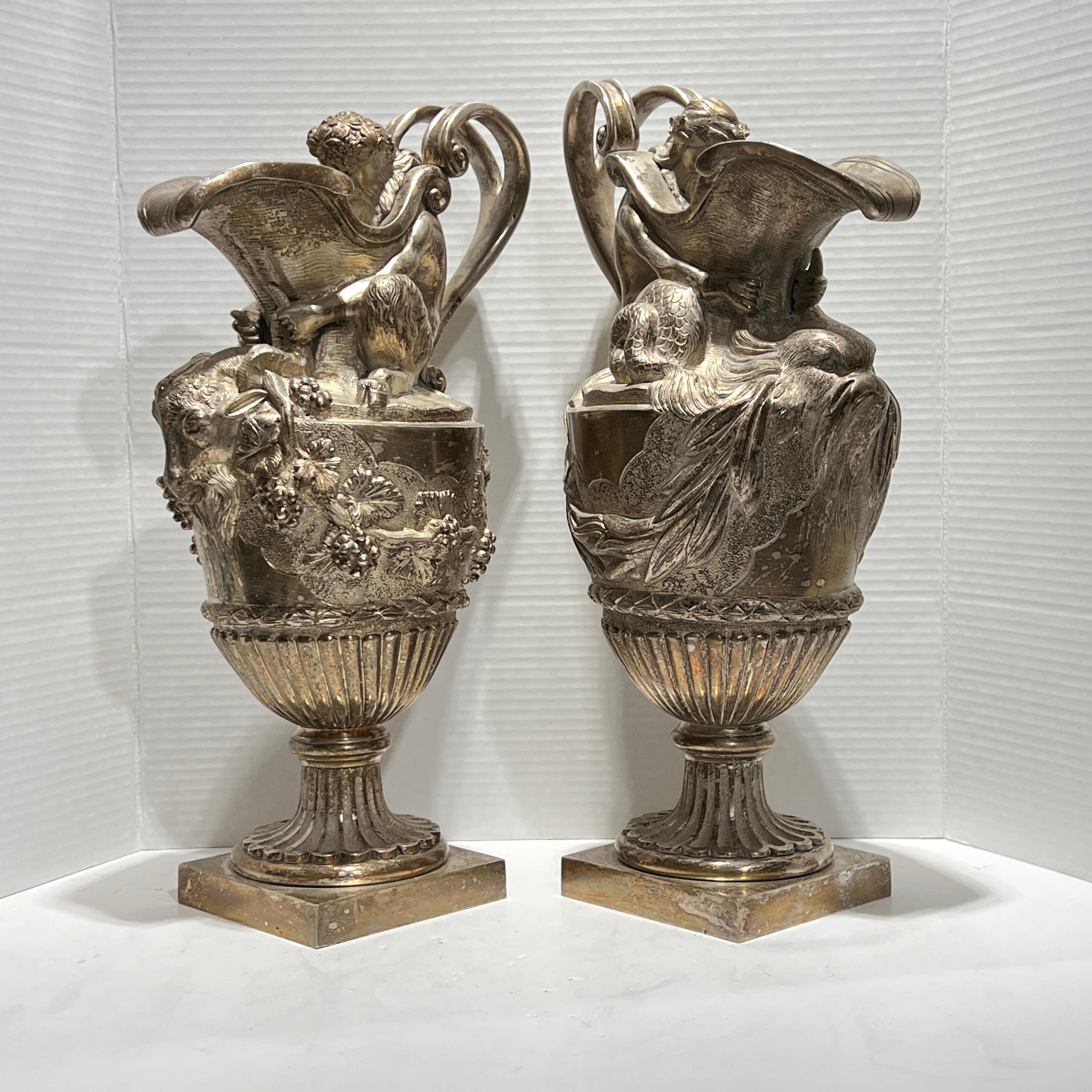 Pair 19th Century French Silvered Bronze Ewer Form Vases in Louis XVI Style For Sale 1