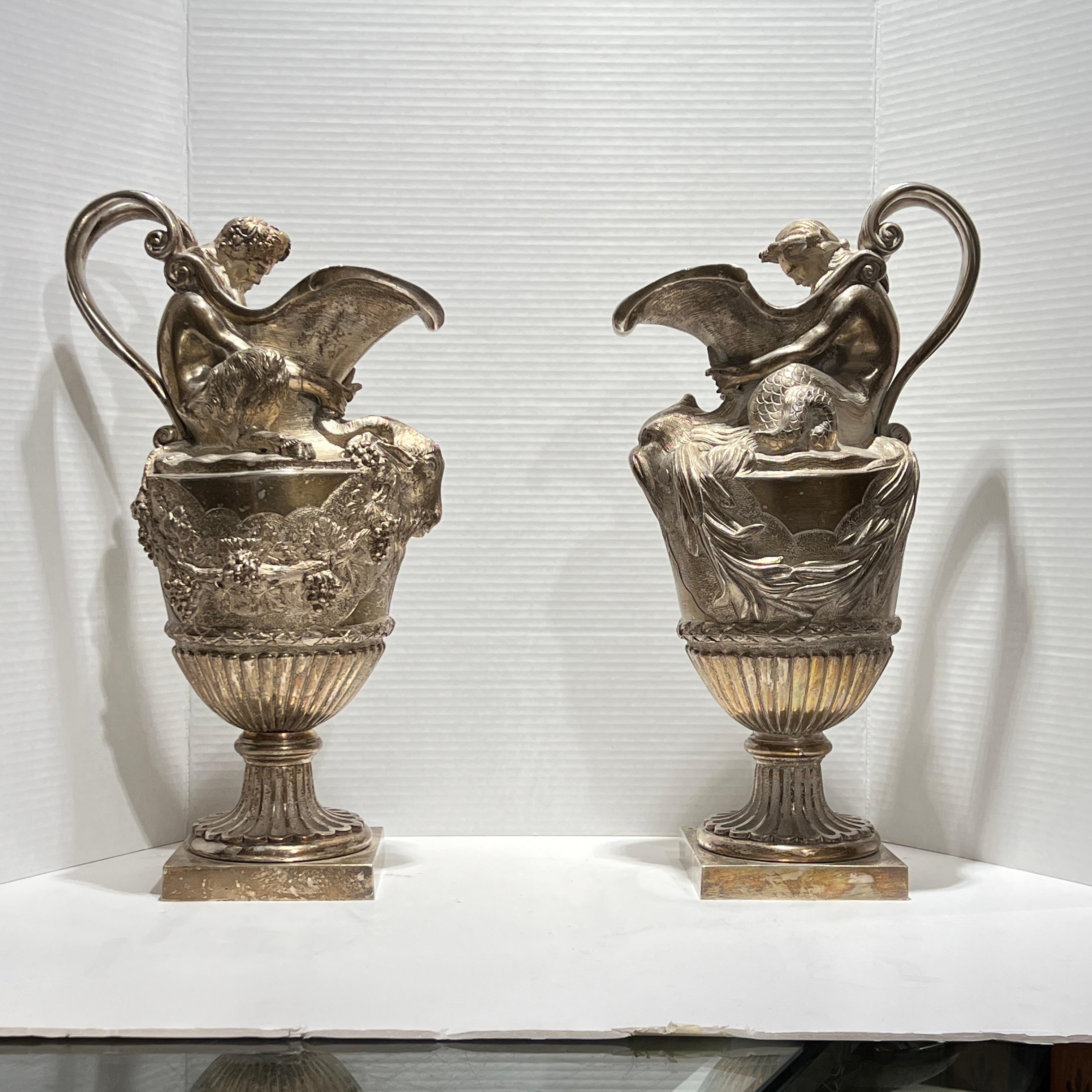 Pair 19th Century French Silvered Bronze Ewer Form Vases in Louis XVI Style For Sale 2