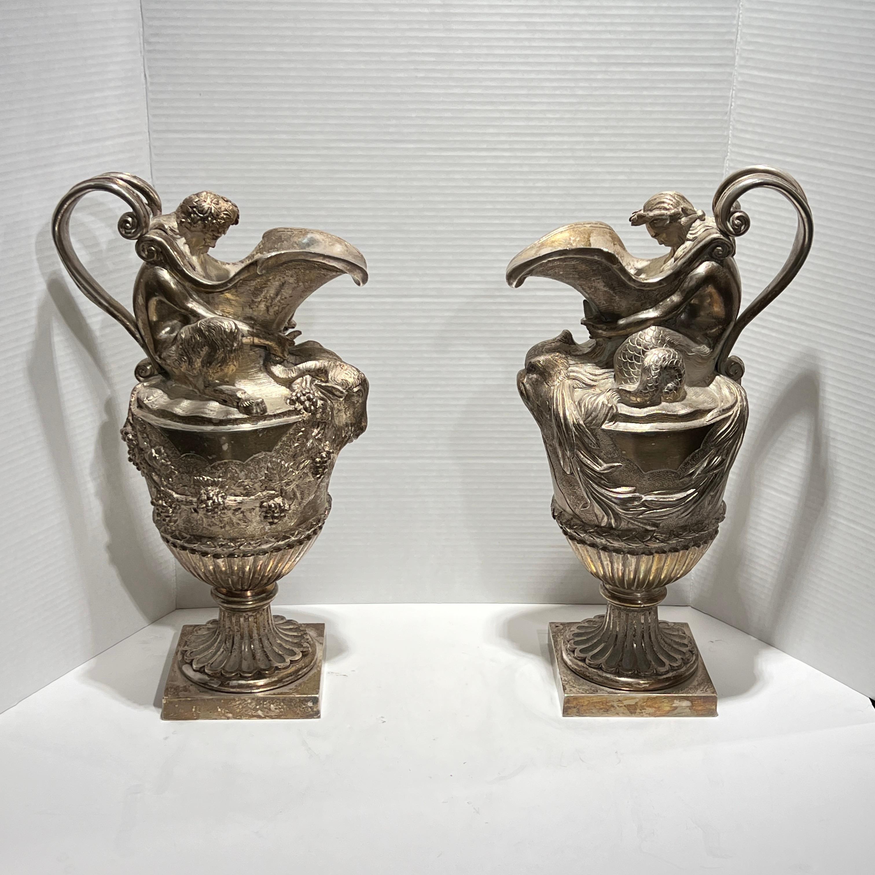 Pair 19th Century French Silvered Bronze Ewer Form Vases in Louis XVI Style For Sale 3