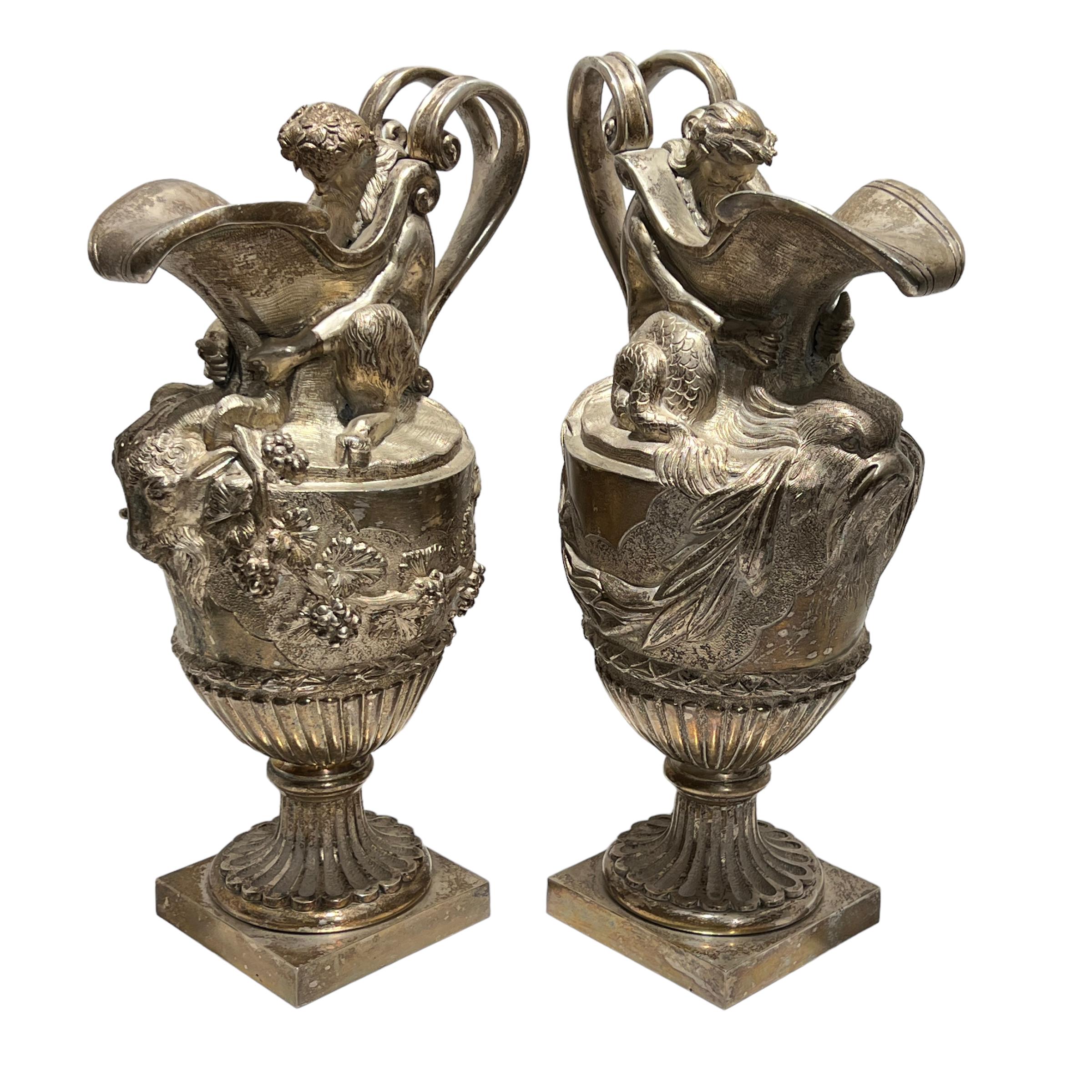 Pair 19th Century French Silvered Bronze Ewer Form Vases in Louis XVI Style For Sale