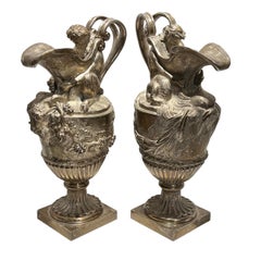 Pair 19th Century French Silvered Bronze Ewer Form Vases in Louis XVI Style