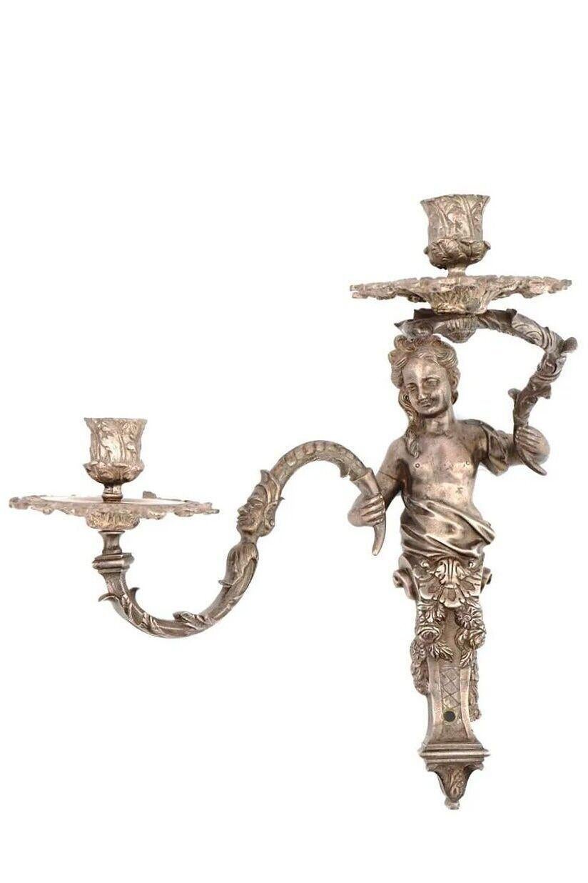 Metal Pair 19th Century French Silvered Bronze Sconces Style of Andre Charles Boulle For Sale